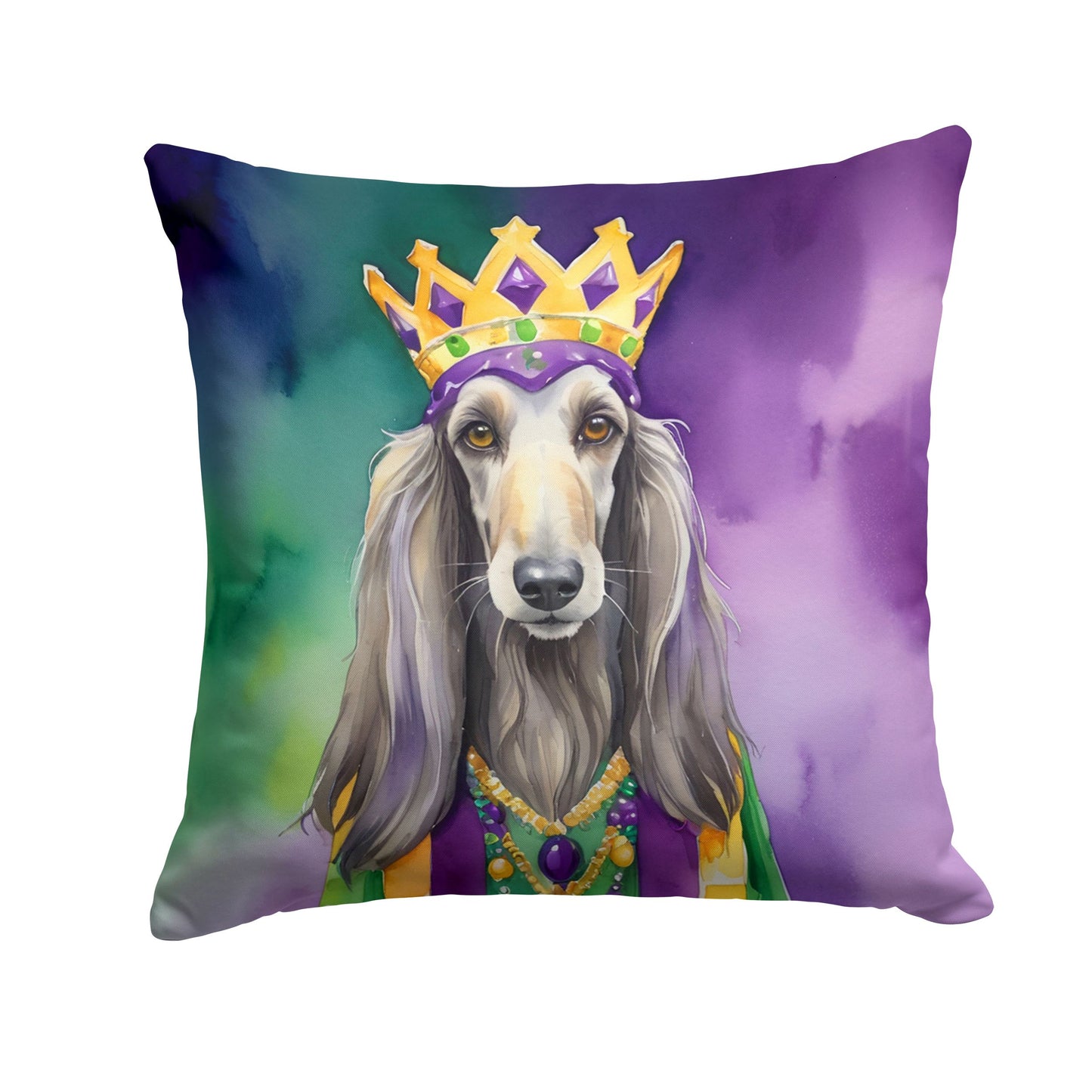 Afghan Hound King of Mardi Gras Throw Pillow Machine Washable, Indoor Outdoor Decorative Pillow for Couch, Bed or Patio, 14Hx14W