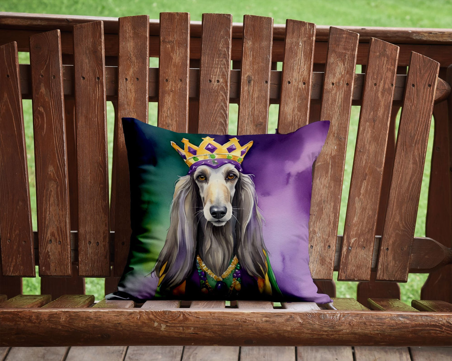 Afghan Hound King of Mardi Gras Throw Pillow Machine Washable, Indoor Outdoor Decorative Pillow for Couch, Bed or Patio, 14Hx14W