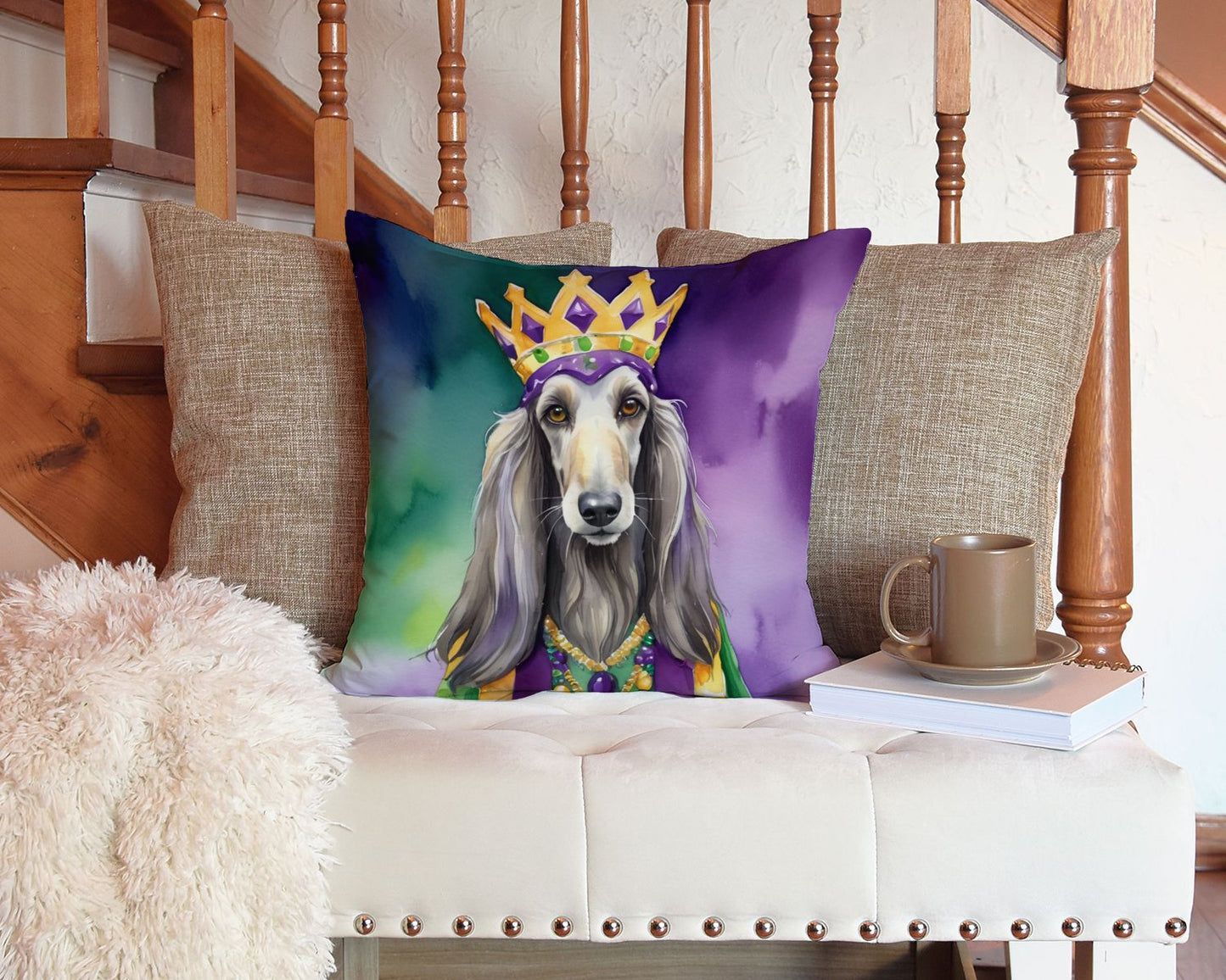 Afghan Hound King of Mardi Gras Throw Pillow Machine Washable, Indoor Outdoor Decorative Pillow for Couch, Bed or Patio, 14Hx14W