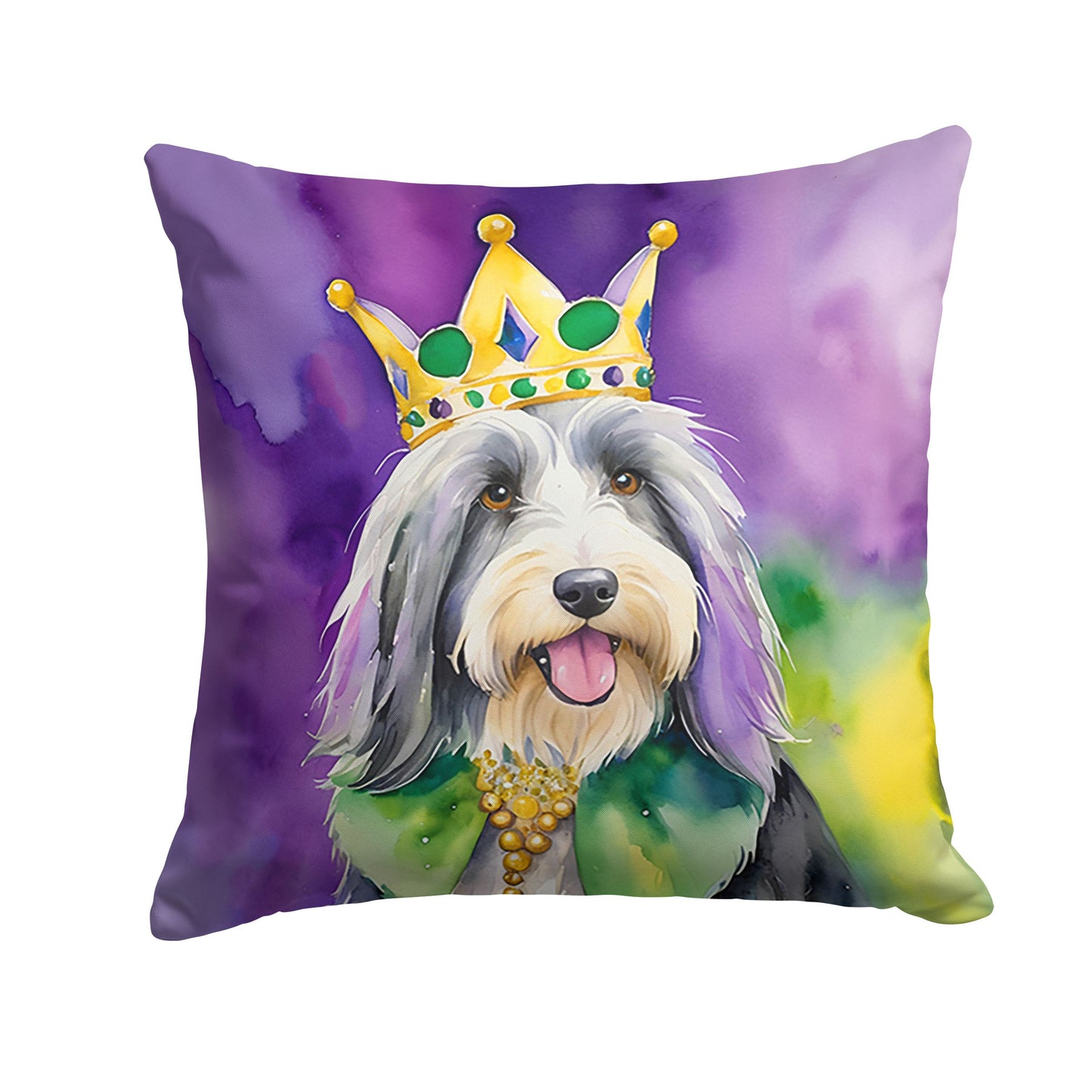 Bearded Collie King of Mardi Gras Throw Pillow Machine Washable, Indoor Outdoor Decorative Pillow for Couch, Bed or Patio, 14Hx14W