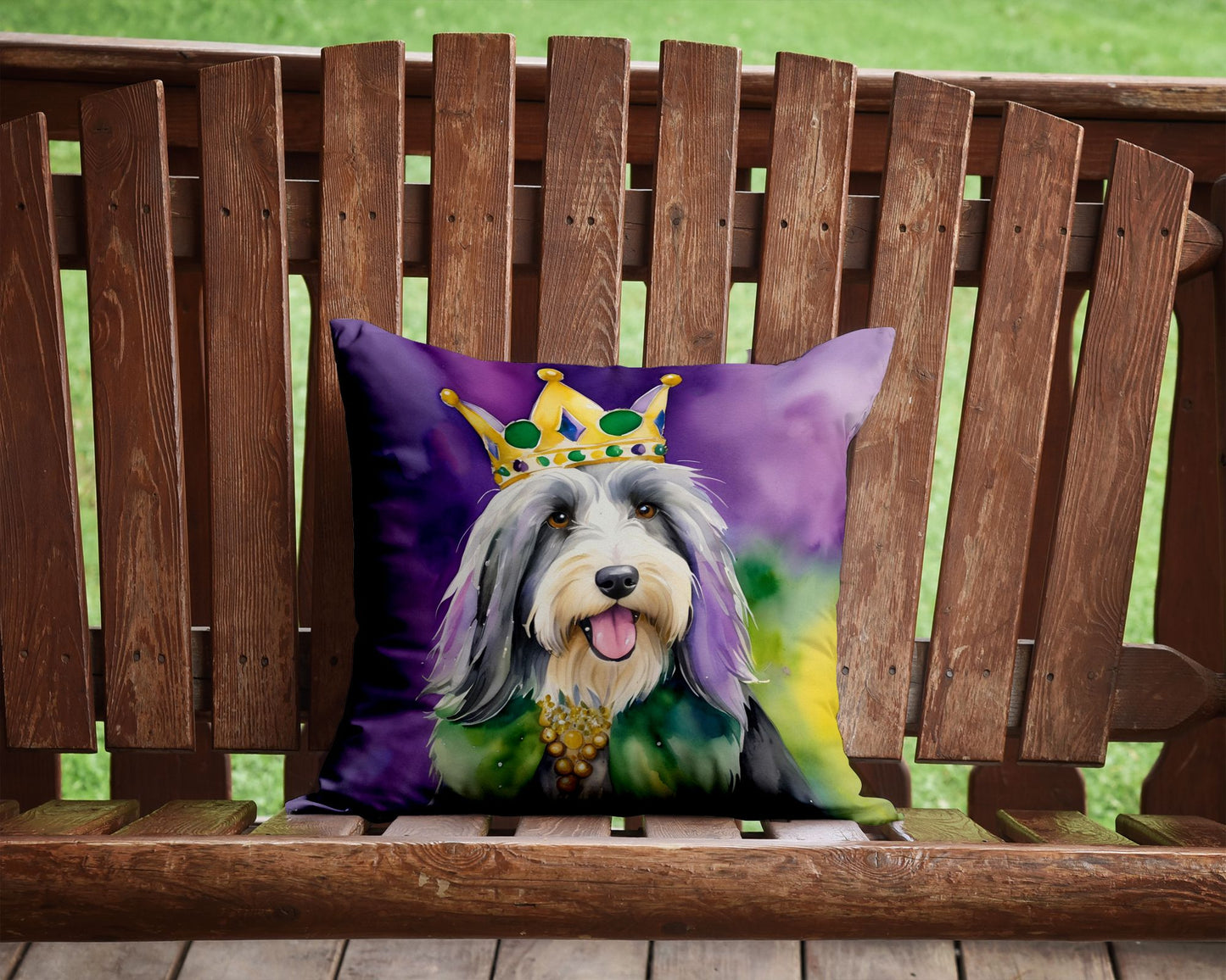 Bearded Collie King of Mardi Gras Throw Pillow Machine Washable, Indoor Outdoor Decorative Pillow for Couch, Bed or Patio, 14Hx14W
