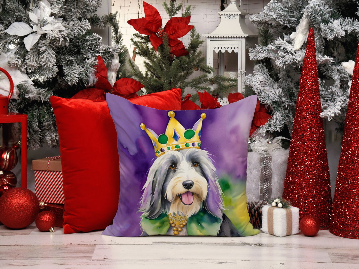 Bearded Collie King of Mardi Gras Throw Pillow Machine Washable, Indoor Outdoor Decorative Pillow for Couch, Bed or Patio, 14Hx14W