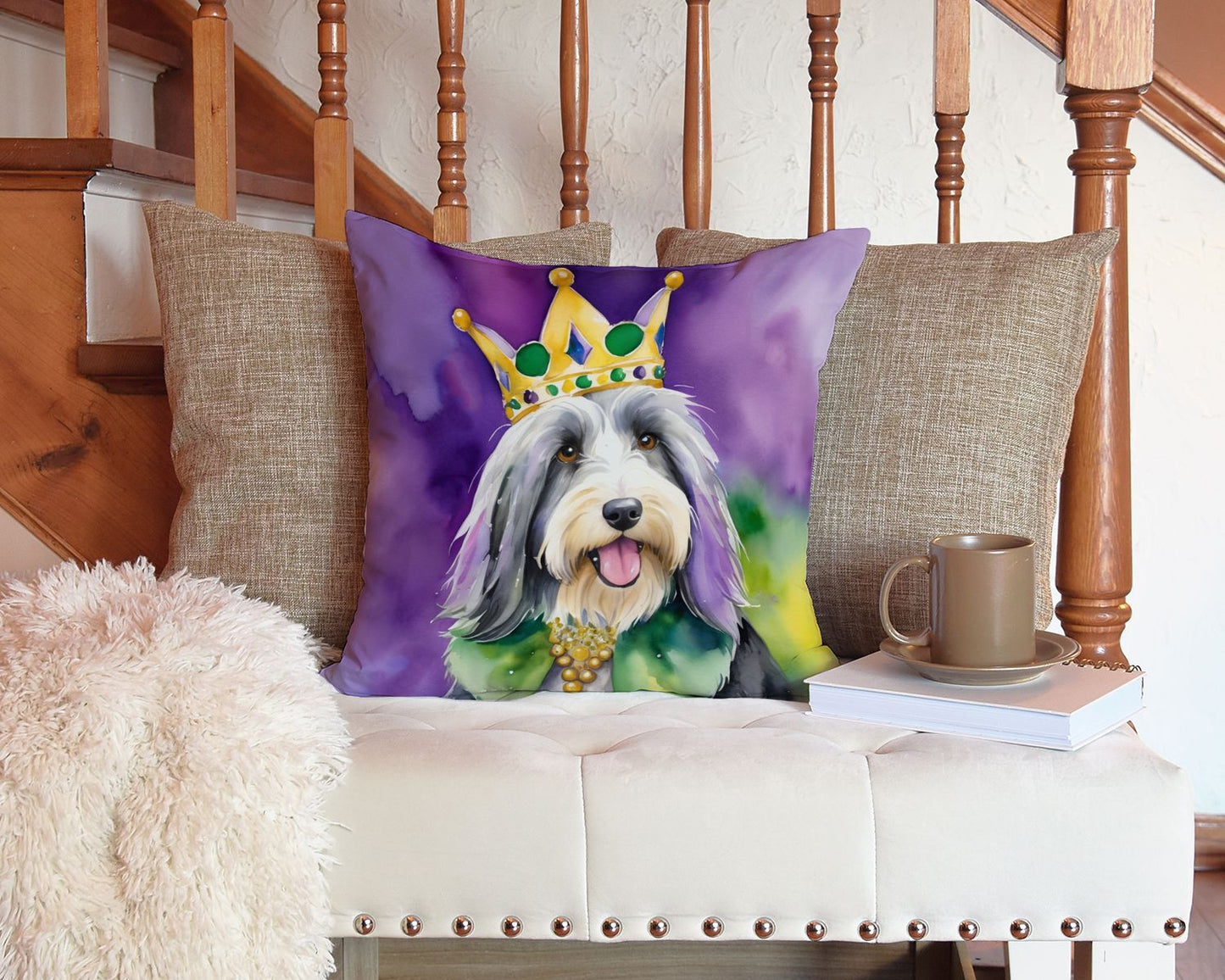 Bearded Collie King of Mardi Gras Throw Pillow Machine Washable, Indoor Outdoor Decorative Pillow for Couch, Bed or Patio, 14Hx14W