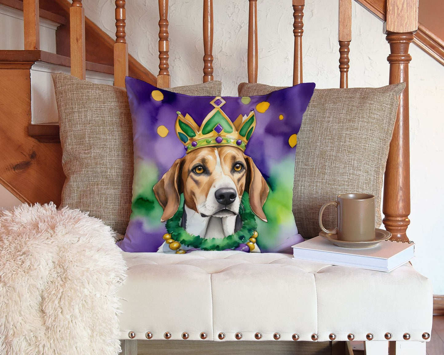 American Foxhound King of Mardi Gras Throw Pillow Machine Washable, Indoor Outdoor Decorative Pillow for Couch, Bed or Patio, 14Hx14W