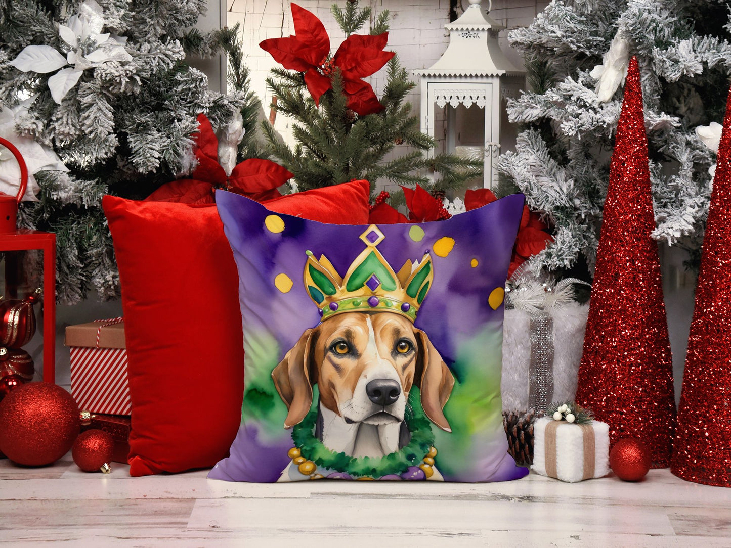 American Foxhound King of Mardi Gras Throw Pillow Machine Washable, Indoor Outdoor Decorative Pillow for Couch, Bed or Patio, 14Hx14W