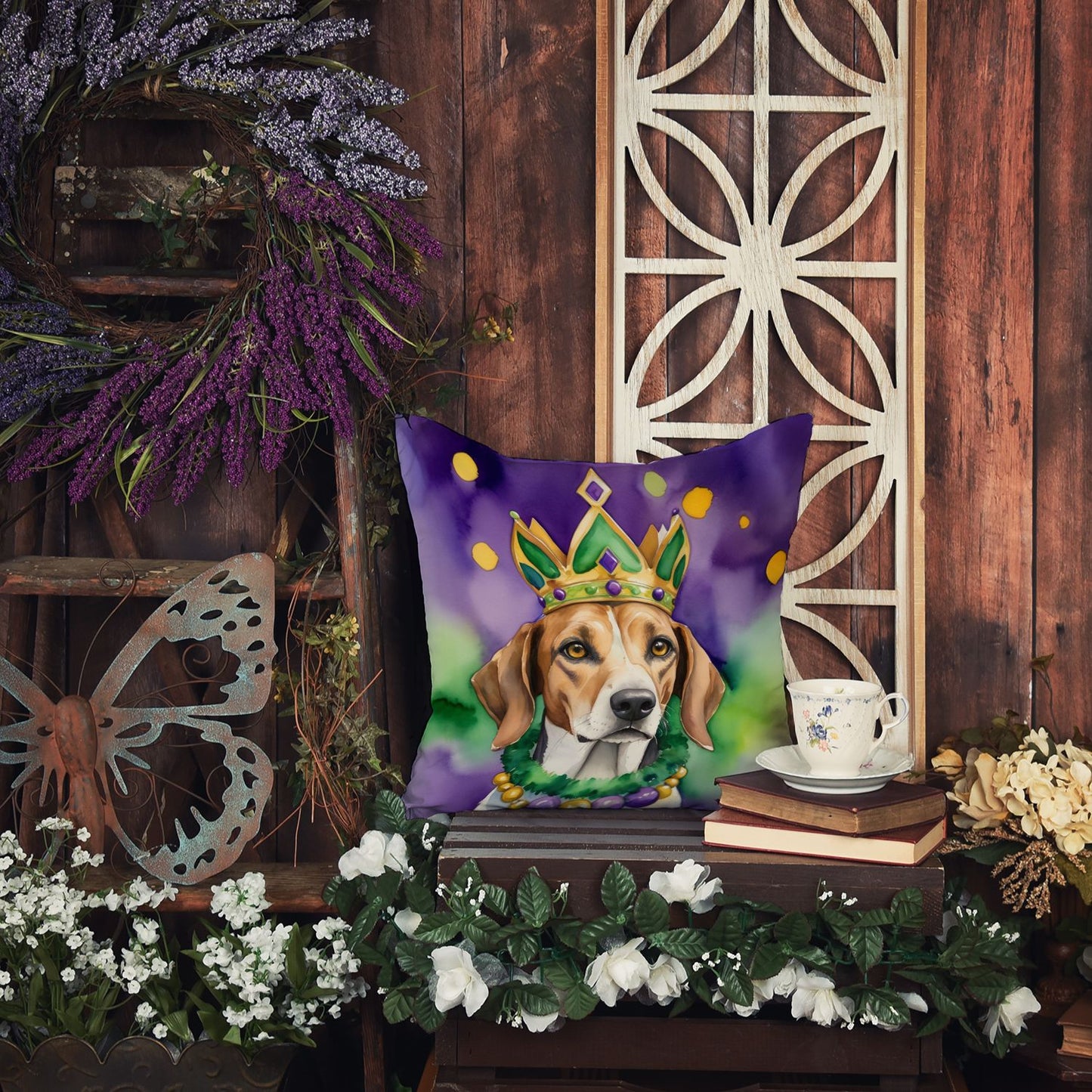 American Foxhound King of Mardi Gras Throw Pillow Machine Washable, Indoor Outdoor Decorative Pillow for Couch, Bed or Patio, 14Hx14W