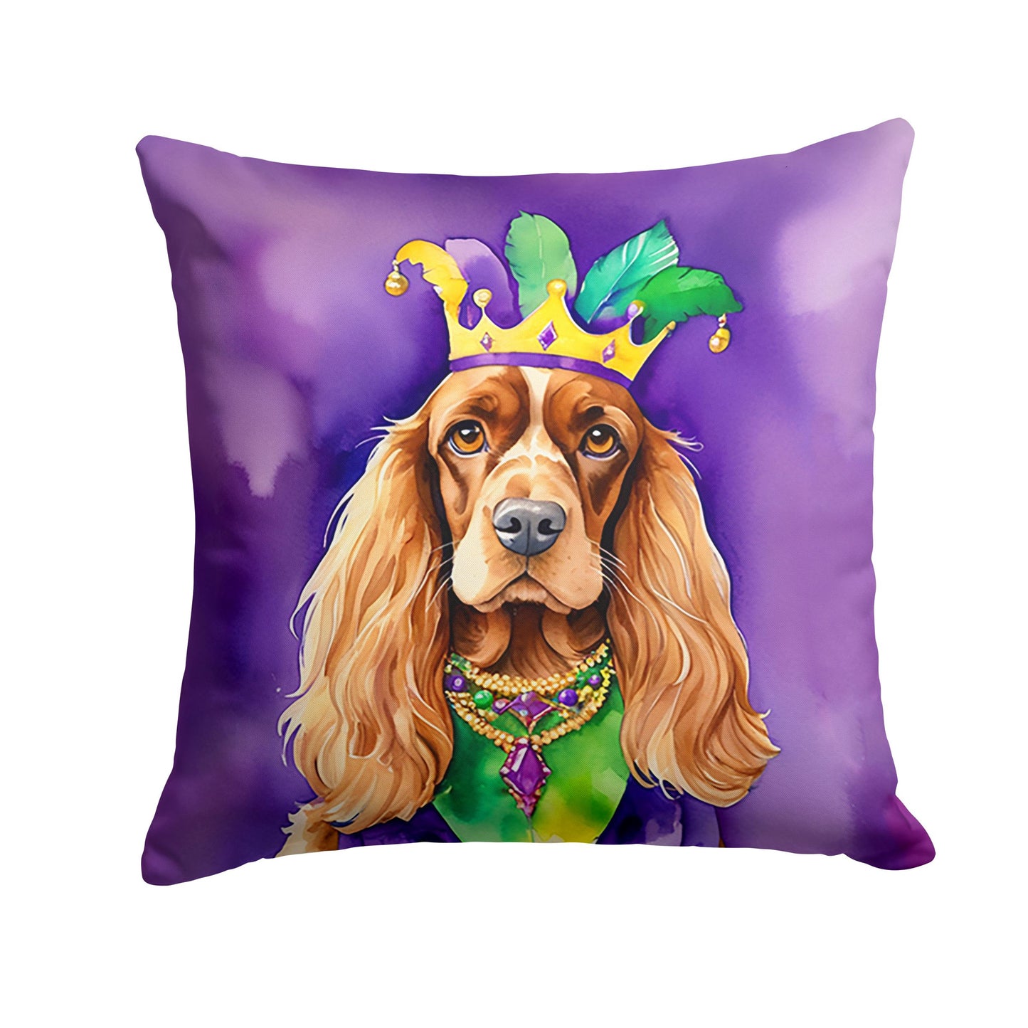 English Cocker Spaniel King of Mardi Gras Throw Pillow Machine Washable, Indoor Outdoor Decorative Pillow for Couch, Bed or Patio, 14Hx14W