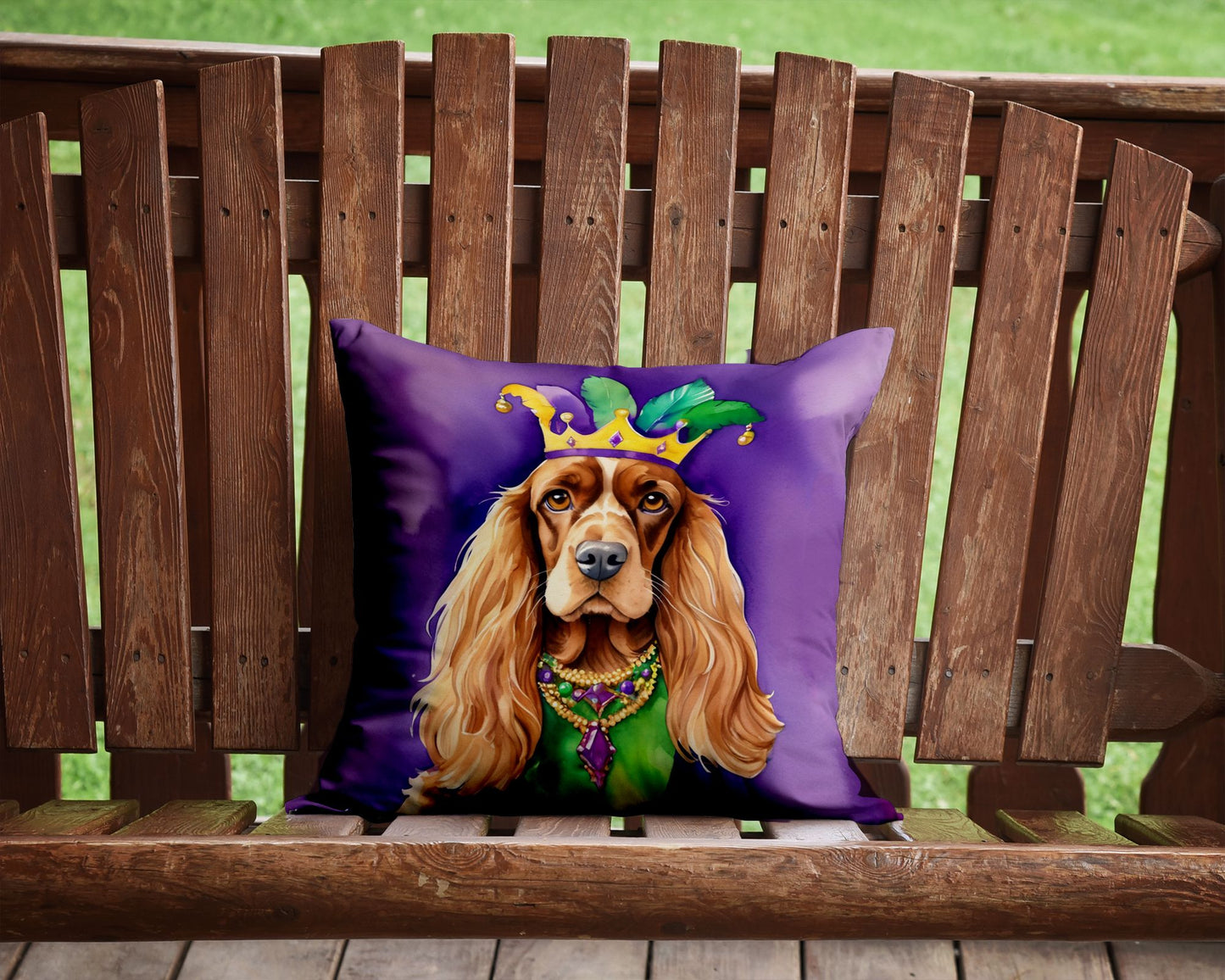 English Cocker Spaniel King of Mardi Gras Throw Pillow Machine Washable, Indoor Outdoor Decorative Pillow for Couch, Bed or Patio, 14Hx14W