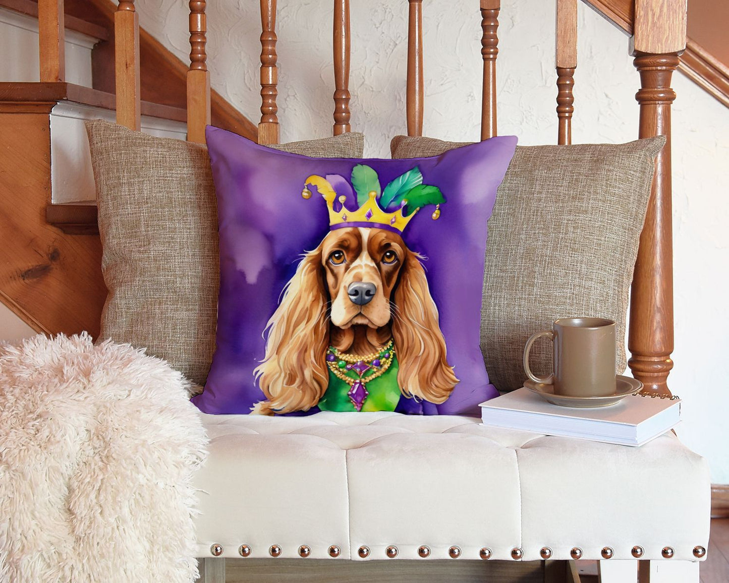English Cocker Spaniel King of Mardi Gras Throw Pillow Machine Washable, Indoor Outdoor Decorative Pillow for Couch, Bed or Patio, 14Hx14W