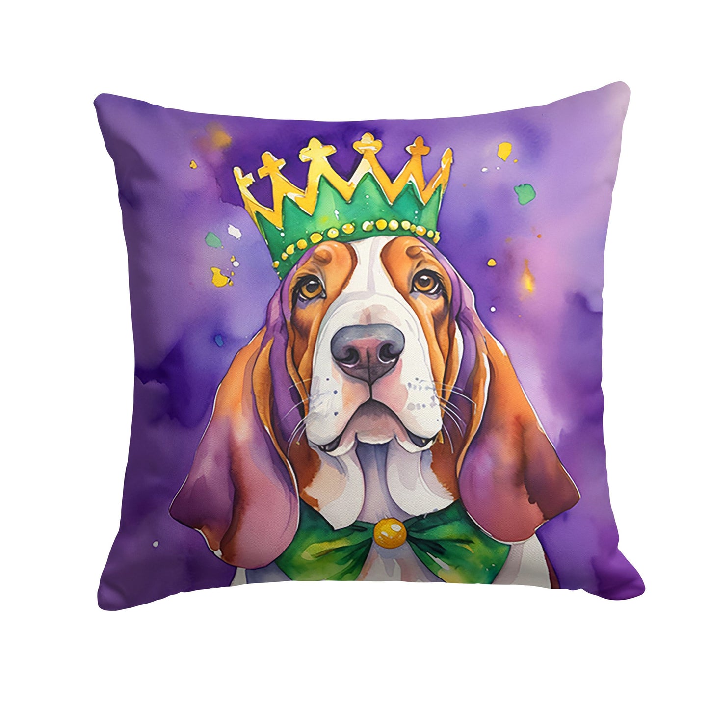Basset Hound King of Mardi Gras Throw Pillow Machine Washable, Indoor Outdoor Decorative Pillow for Couch, Bed or Patio, 14Hx14W