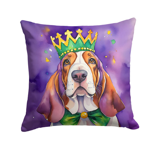 Basset Hound King of Mardi Gras Throw Pillow Machine Washable, Indoor Outdoor Decorative Pillow for Couch, Bed or Patio, 14Hx14W
