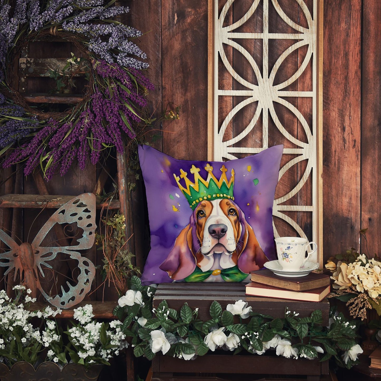 Basset Hound King of Mardi Gras Throw Pillow Machine Washable, Indoor Outdoor Decorative Pillow for Couch, Bed or Patio, 14Hx14W