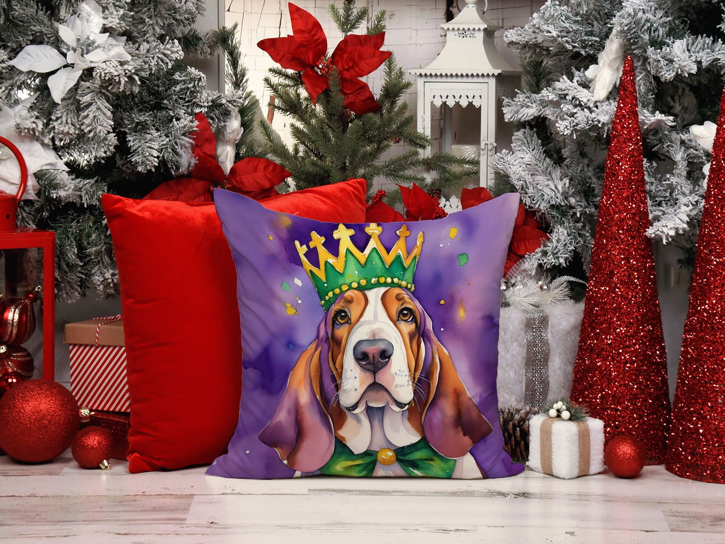 Basset Hound King of Mardi Gras Throw Pillow Machine Washable, Indoor Outdoor Decorative Pillow for Couch, Bed or Patio, 14Hx14W