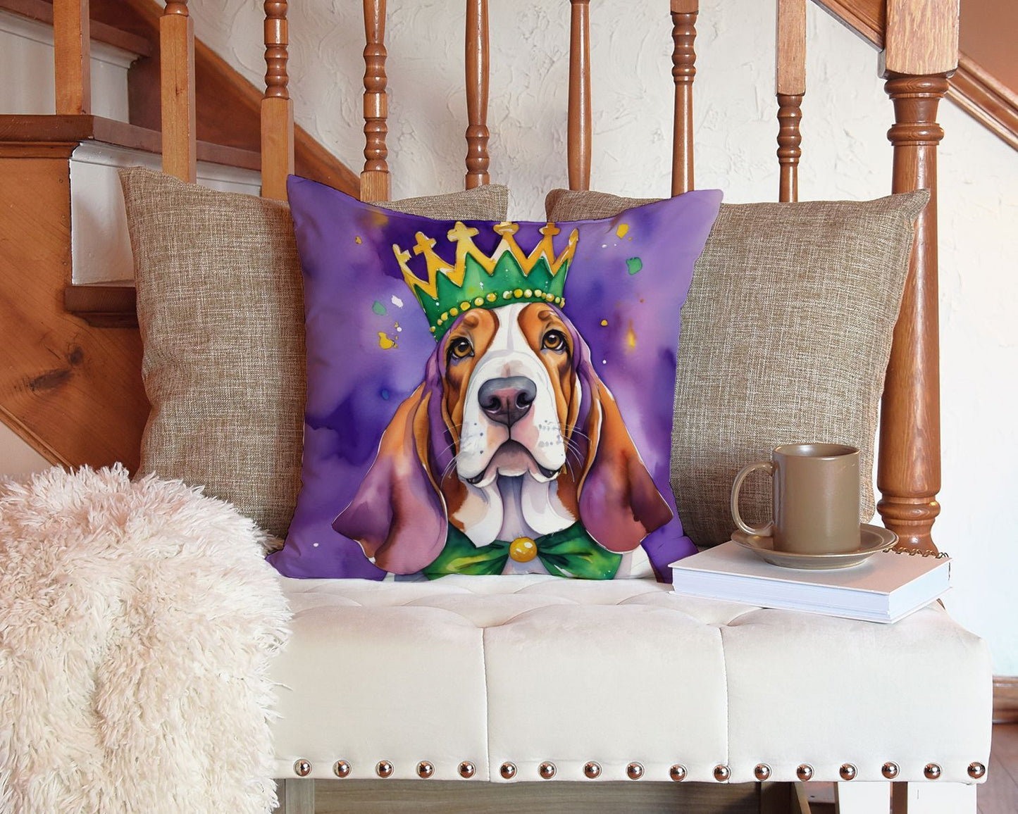 Basset Hound King of Mardi Gras Throw Pillow Machine Washable, Indoor Outdoor Decorative Pillow for Couch, Bed or Patio, 14Hx14W
