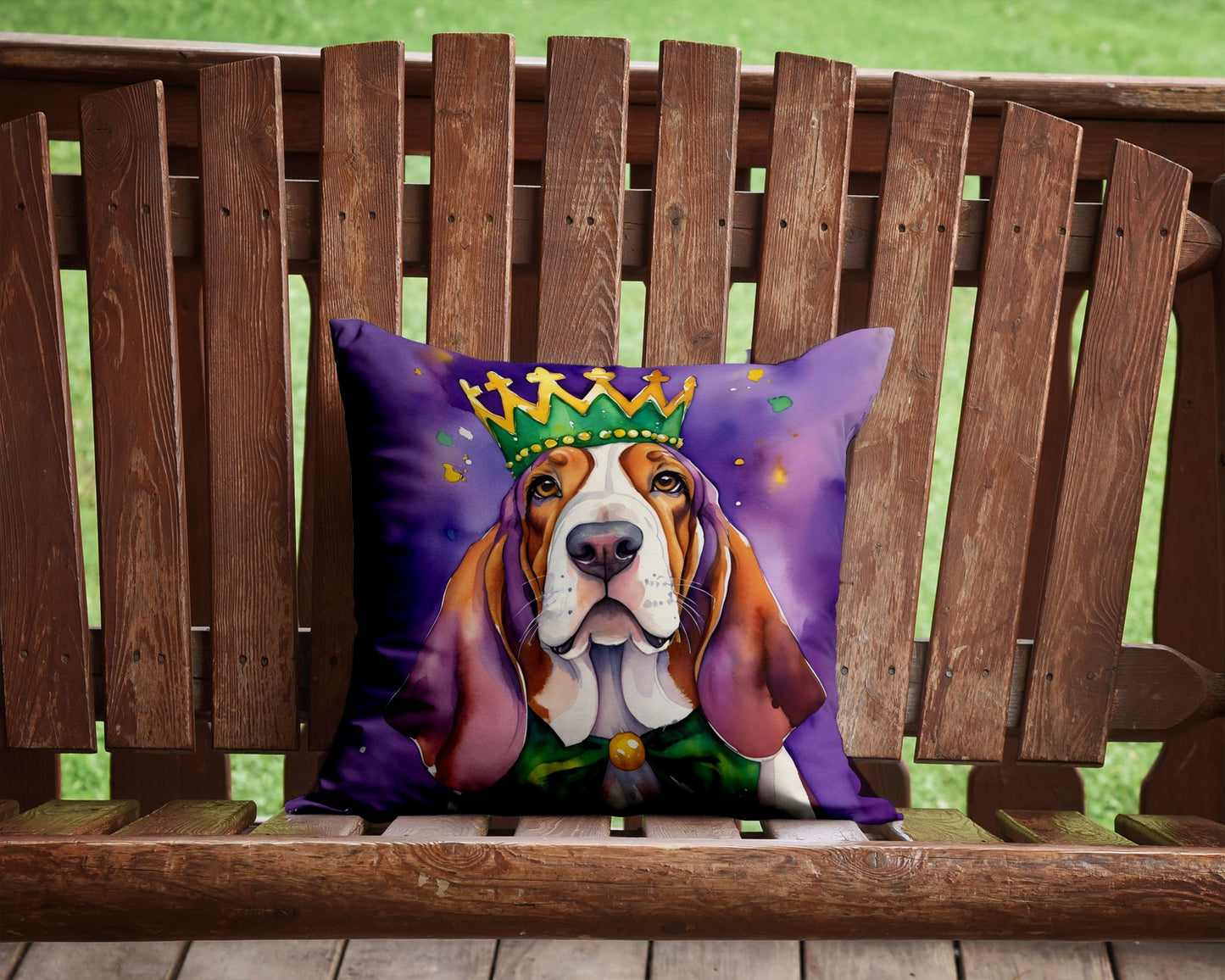 Basset Hound King of Mardi Gras Throw Pillow Machine Washable, Indoor Outdoor Decorative Pillow for Couch, Bed or Patio, 14Hx14W