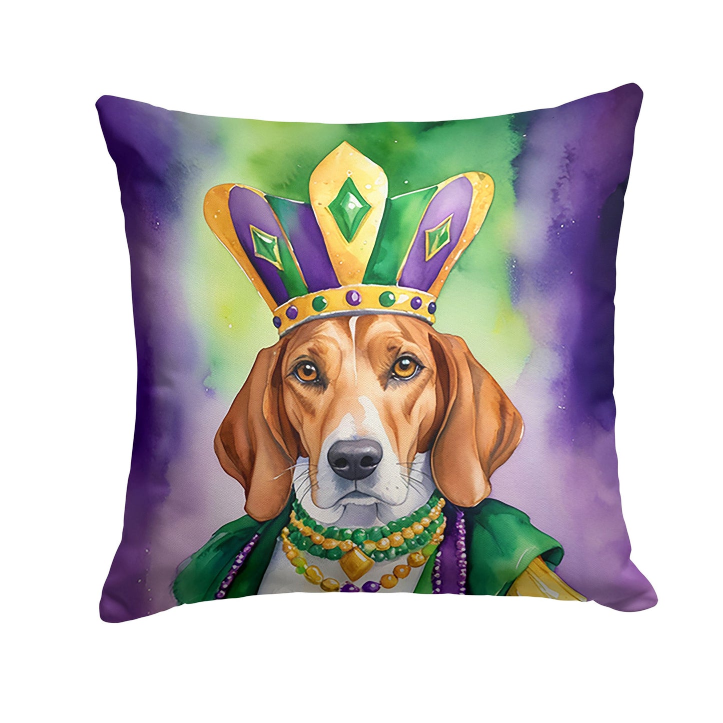 English Foxhound King of Mardi Gras Throw Pillow Machine Washable, Indoor Outdoor Decorative Pillow for Couch, Bed or Patio, 14Hx14W
