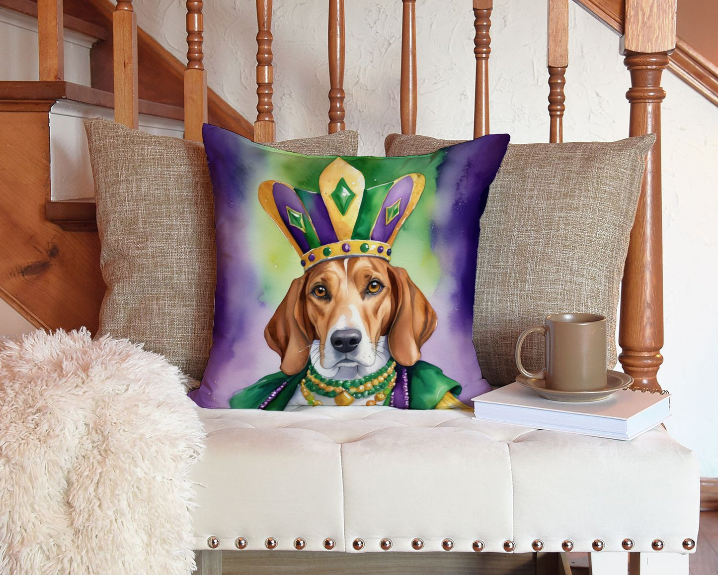 English Foxhound King of Mardi Gras Throw Pillow Machine Washable, Indoor Outdoor Decorative Pillow for Couch, Bed or Patio, 14Hx14W