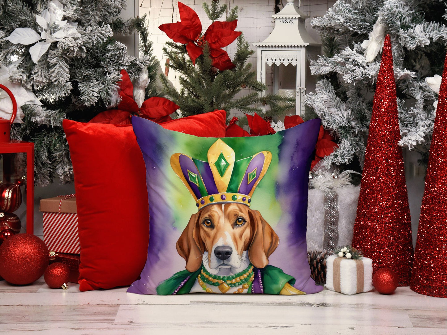 English Foxhound King of Mardi Gras Throw Pillow Machine Washable, Indoor Outdoor Decorative Pillow for Couch, Bed or Patio, 14Hx14W
