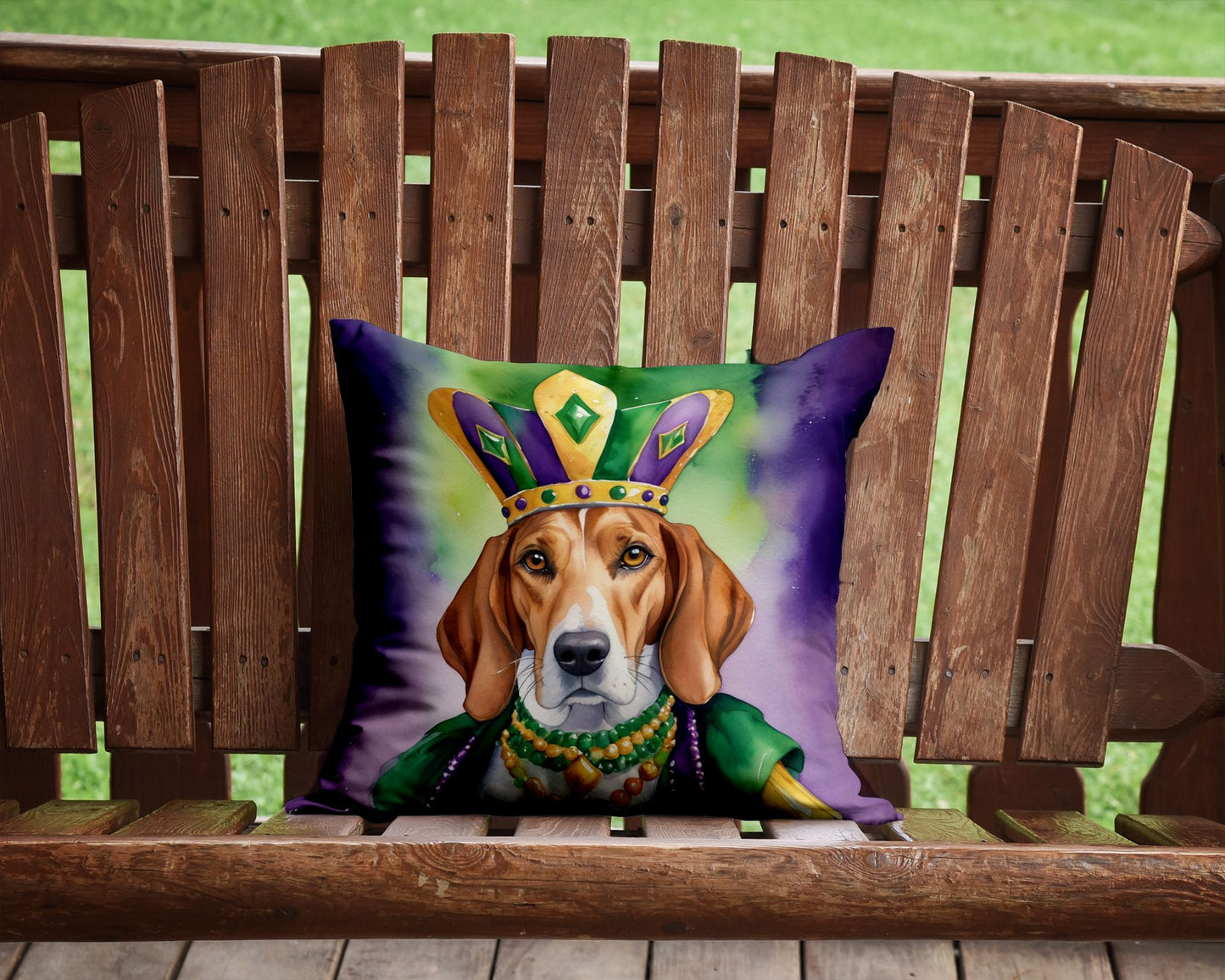 English Foxhound King of Mardi Gras Throw Pillow Machine Washable, Indoor Outdoor Decorative Pillow for Couch, Bed or Patio, 14Hx14W