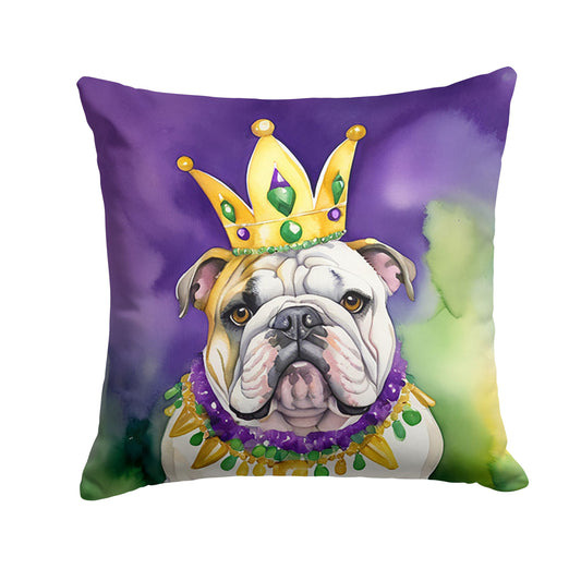 English Bulldog King of Mardi Gras Throw Pillow Machine Washable, Indoor Outdoor Decorative Pillow for Couch, Bed or Patio, 14Hx14W