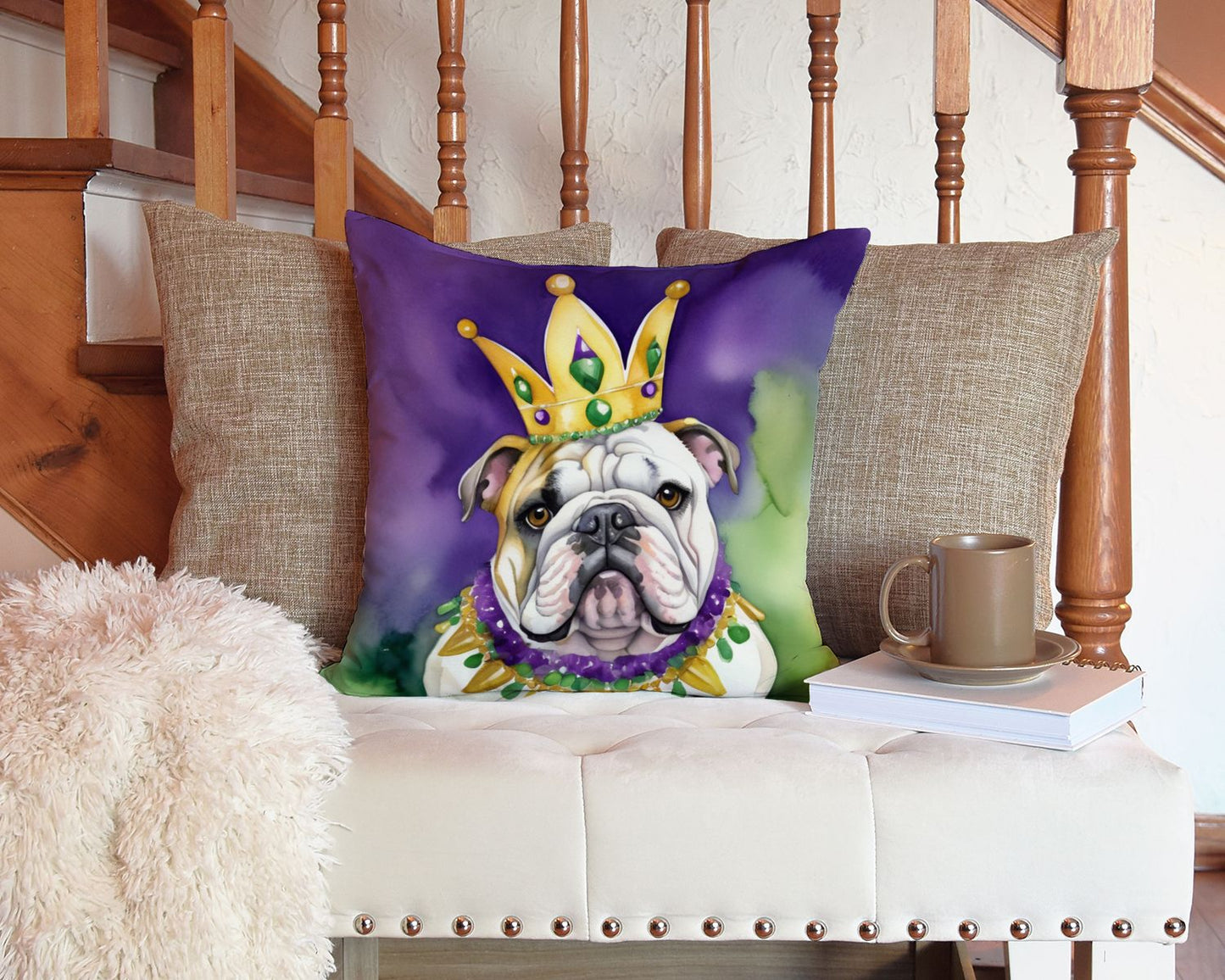 English Bulldog King of Mardi Gras Throw Pillow Machine Washable, Indoor Outdoor Decorative Pillow for Couch, Bed or Patio, 14Hx14W