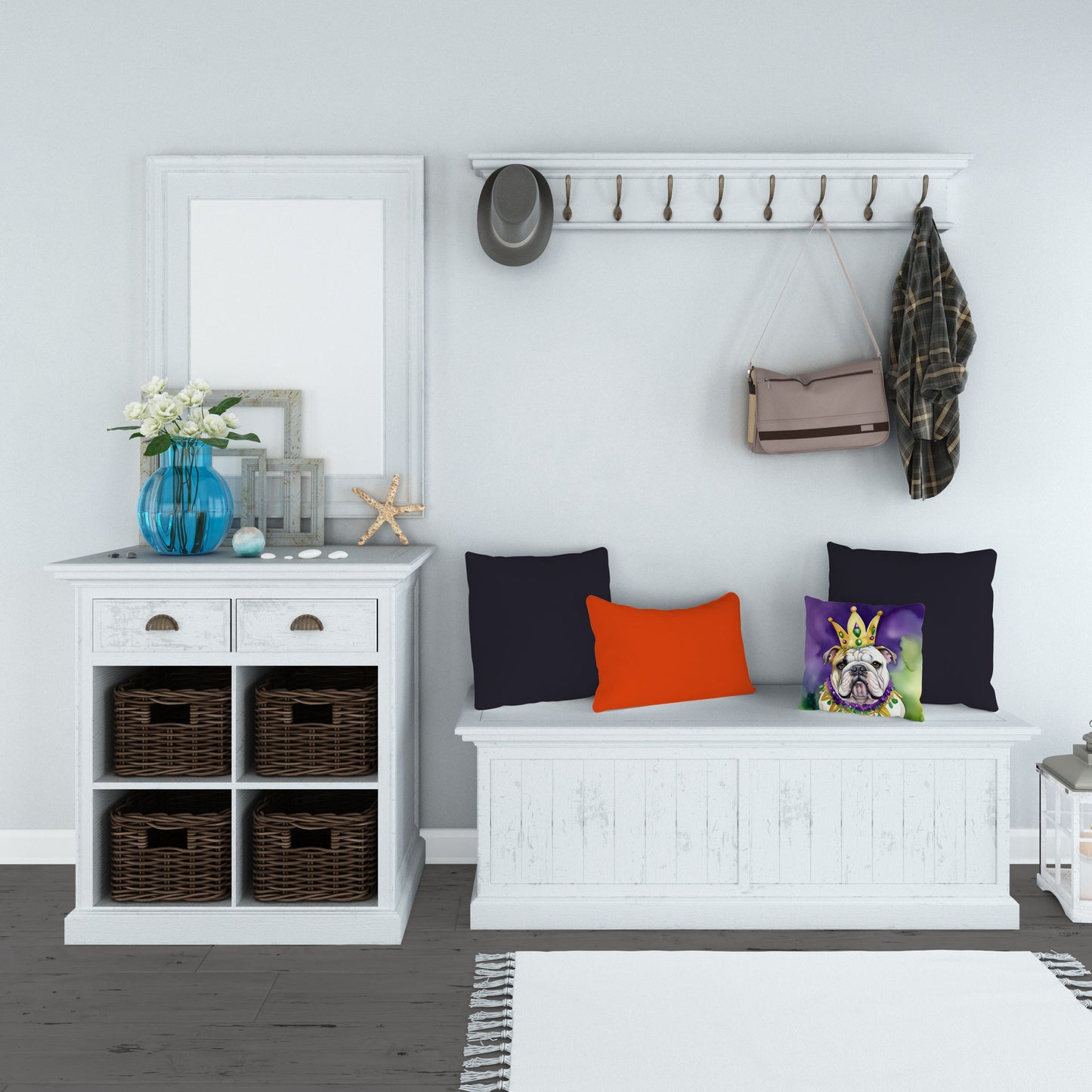 English Bulldog King of Mardi Gras Throw Pillow Machine Washable, Indoor Outdoor Decorative Pillow for Couch, Bed or Patio, 14Hx14W