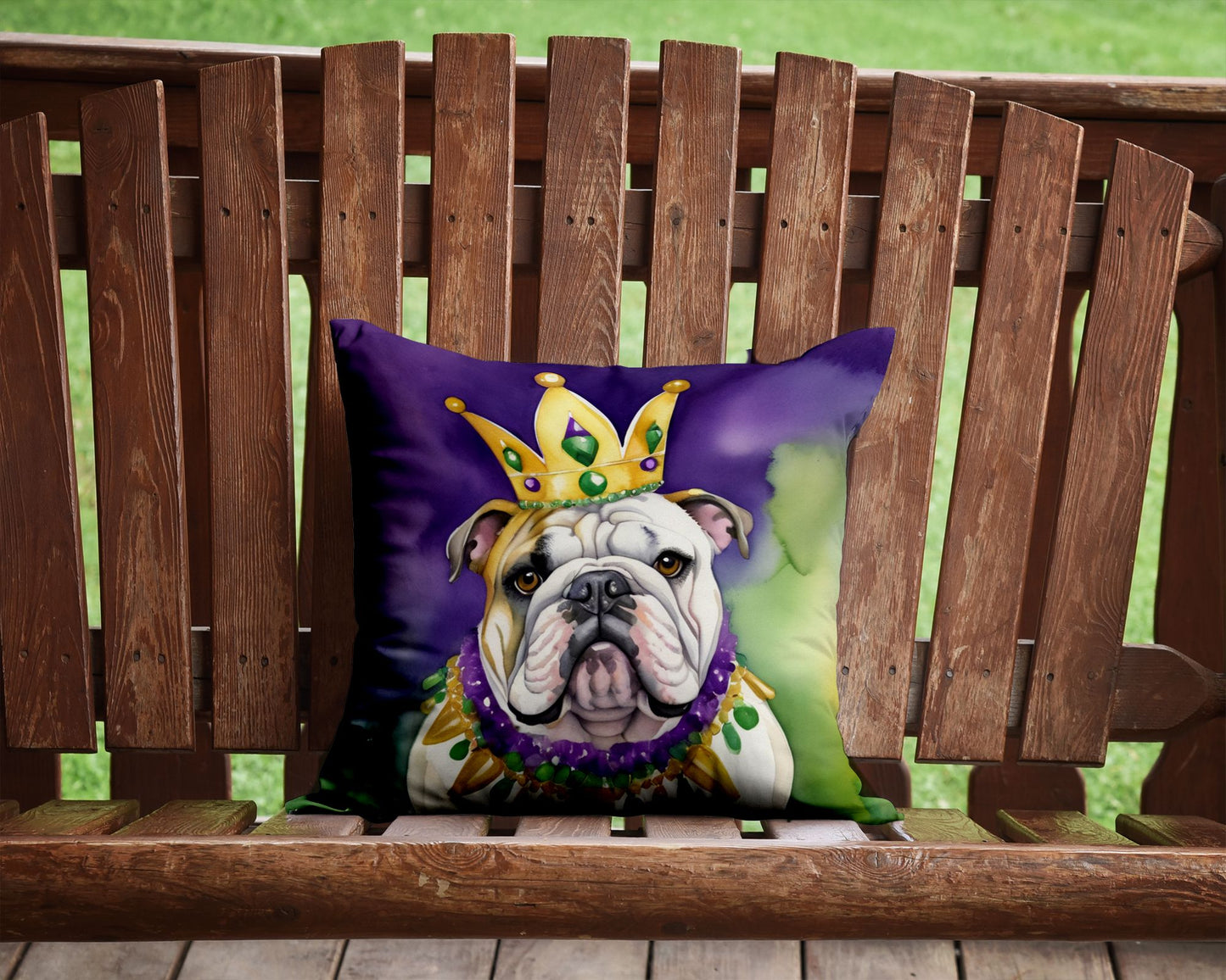 English Bulldog King of Mardi Gras Throw Pillow Machine Washable, Indoor Outdoor Decorative Pillow for Couch, Bed or Patio, 14Hx14W