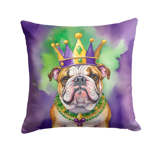English Bulldog King of Mardi Gras Throw Pillow Machine Washable, Indoor Outdoor Decorative Pillow for Couch, Bed or Patio, 14Hx14W