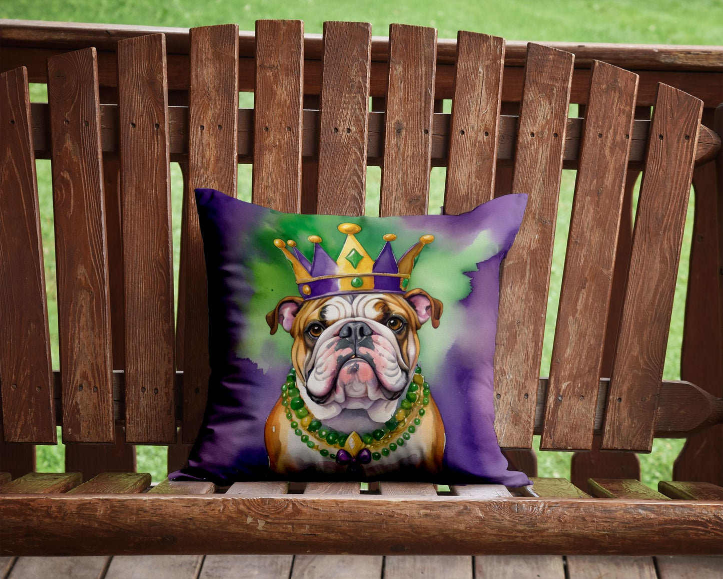 English Bulldog King of Mardi Gras Throw Pillow Machine Washable, Indoor Outdoor Decorative Pillow for Couch, Bed or Patio, 14Hx14W