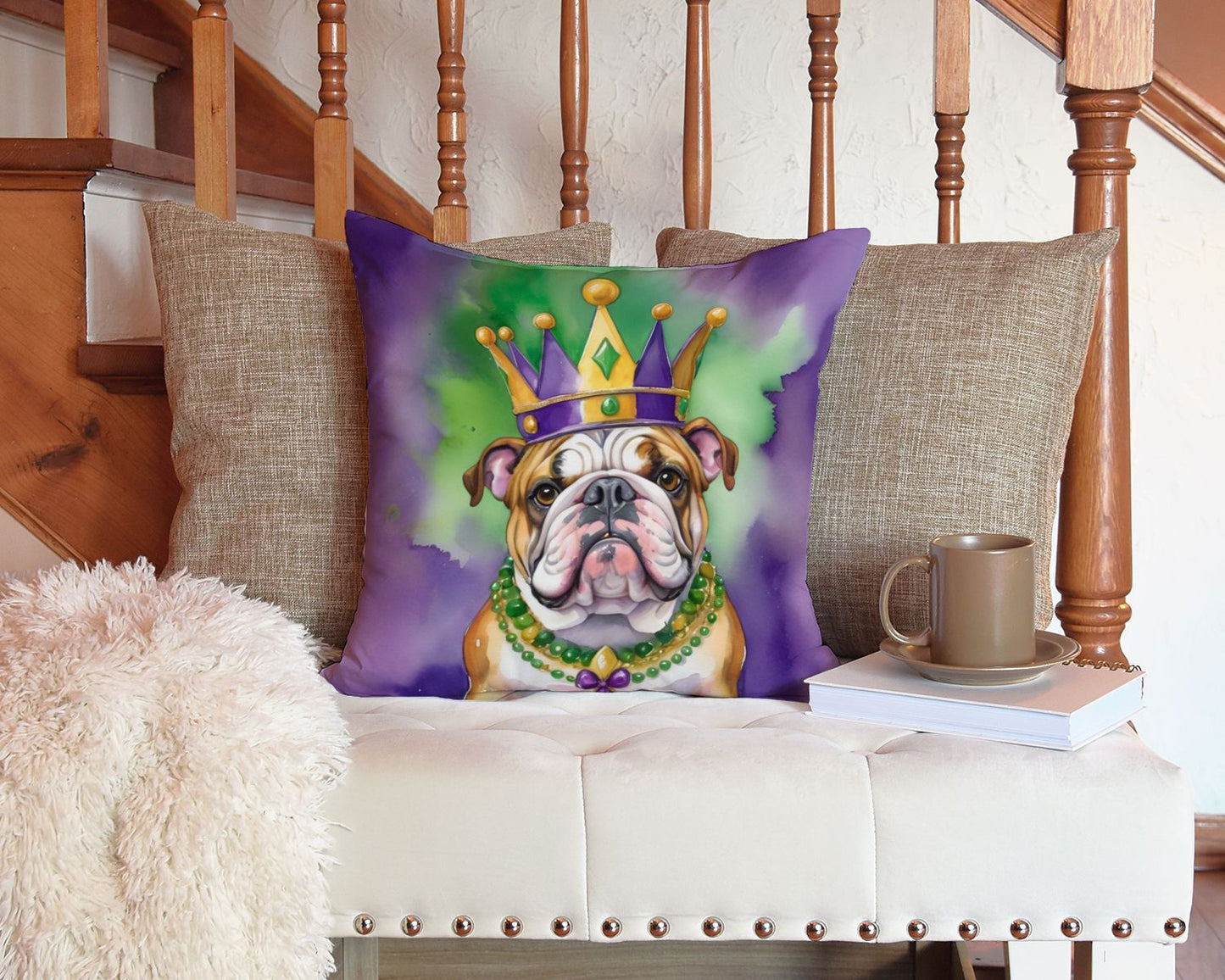 English Bulldog King of Mardi Gras Throw Pillow Machine Washable, Indoor Outdoor Decorative Pillow for Couch, Bed or Patio, 14Hx14W