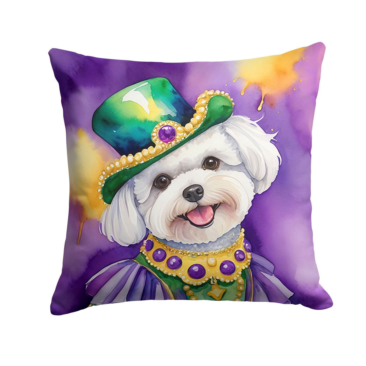 Bichon Frise King of Mardi Gras Throw Pillow Machine Washable, Indoor Outdoor Decorative Pillow for Couch, Bed or Patio, 14Hx14W