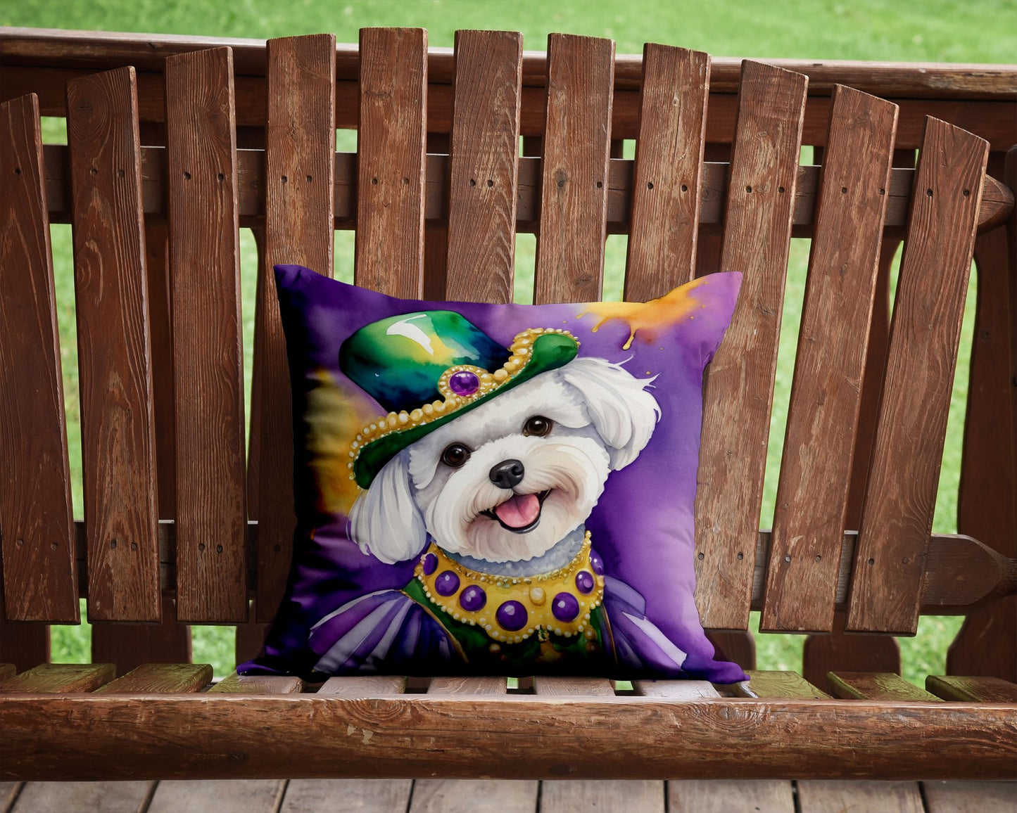 Bichon Frise King of Mardi Gras Throw Pillow Machine Washable, Indoor Outdoor Decorative Pillow for Couch, Bed or Patio, 14Hx14W