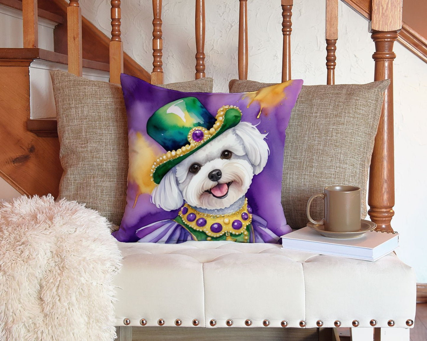 Bichon Frise King of Mardi Gras Throw Pillow Machine Washable, Indoor Outdoor Decorative Pillow for Couch, Bed or Patio, 14Hx14W