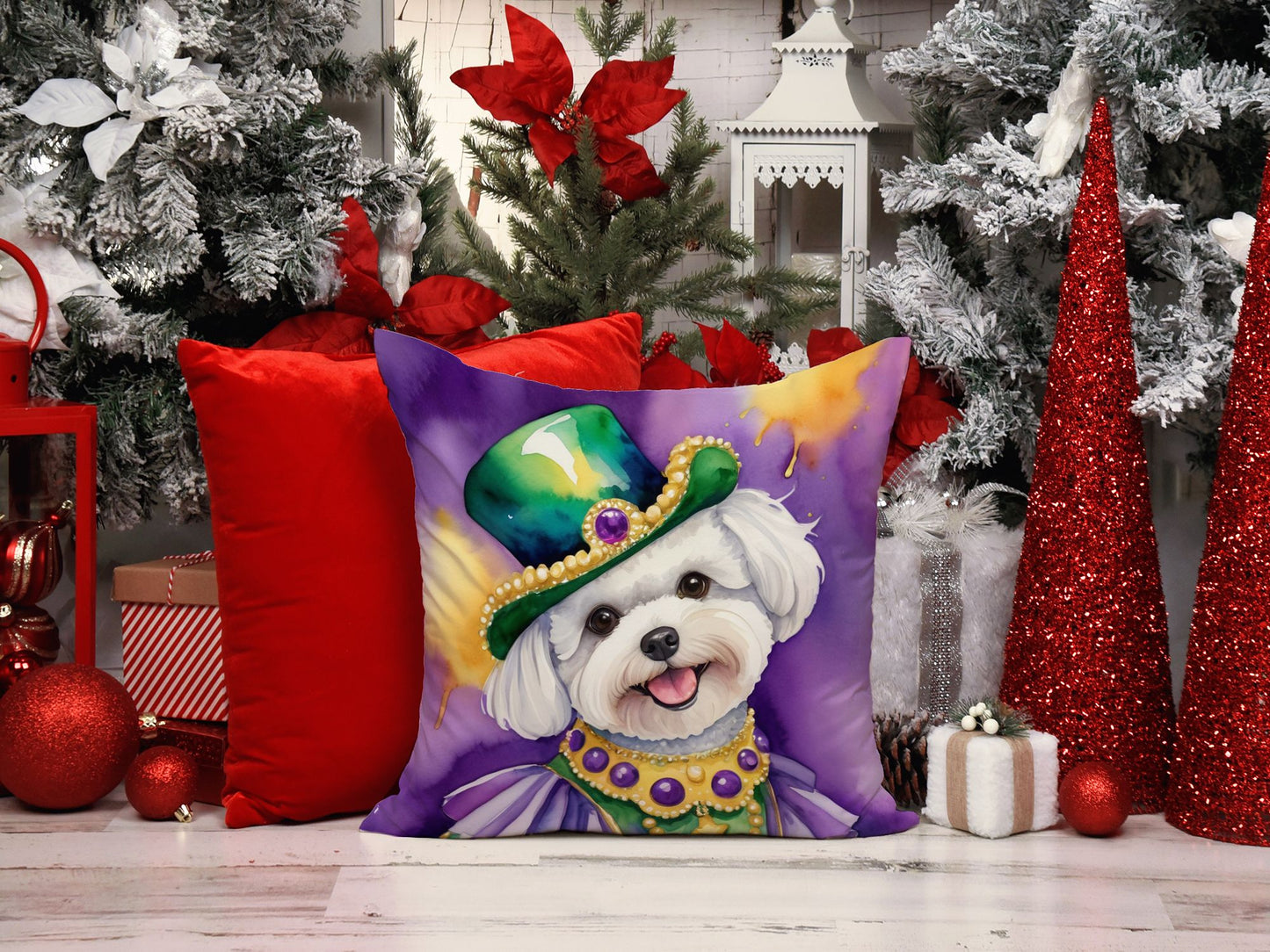 Bichon Frise King of Mardi Gras Throw Pillow Machine Washable, Indoor Outdoor Decorative Pillow for Couch, Bed or Patio, 14Hx14W