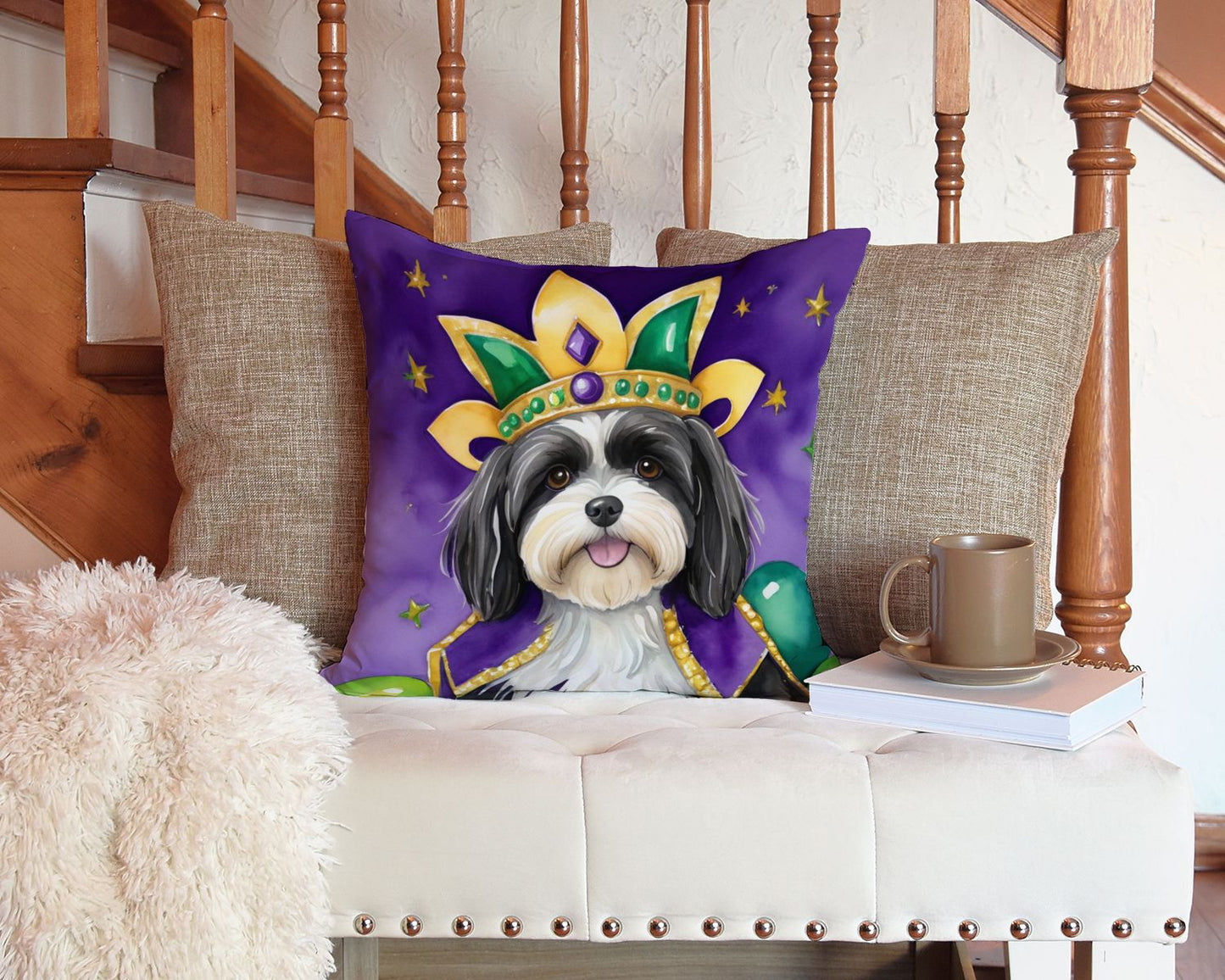 Havanese King of Mardi Gras Throw Pillow Machine Washable, Indoor Outdoor Decorative Pillow for Couch, Bed or Patio, 14Hx14W