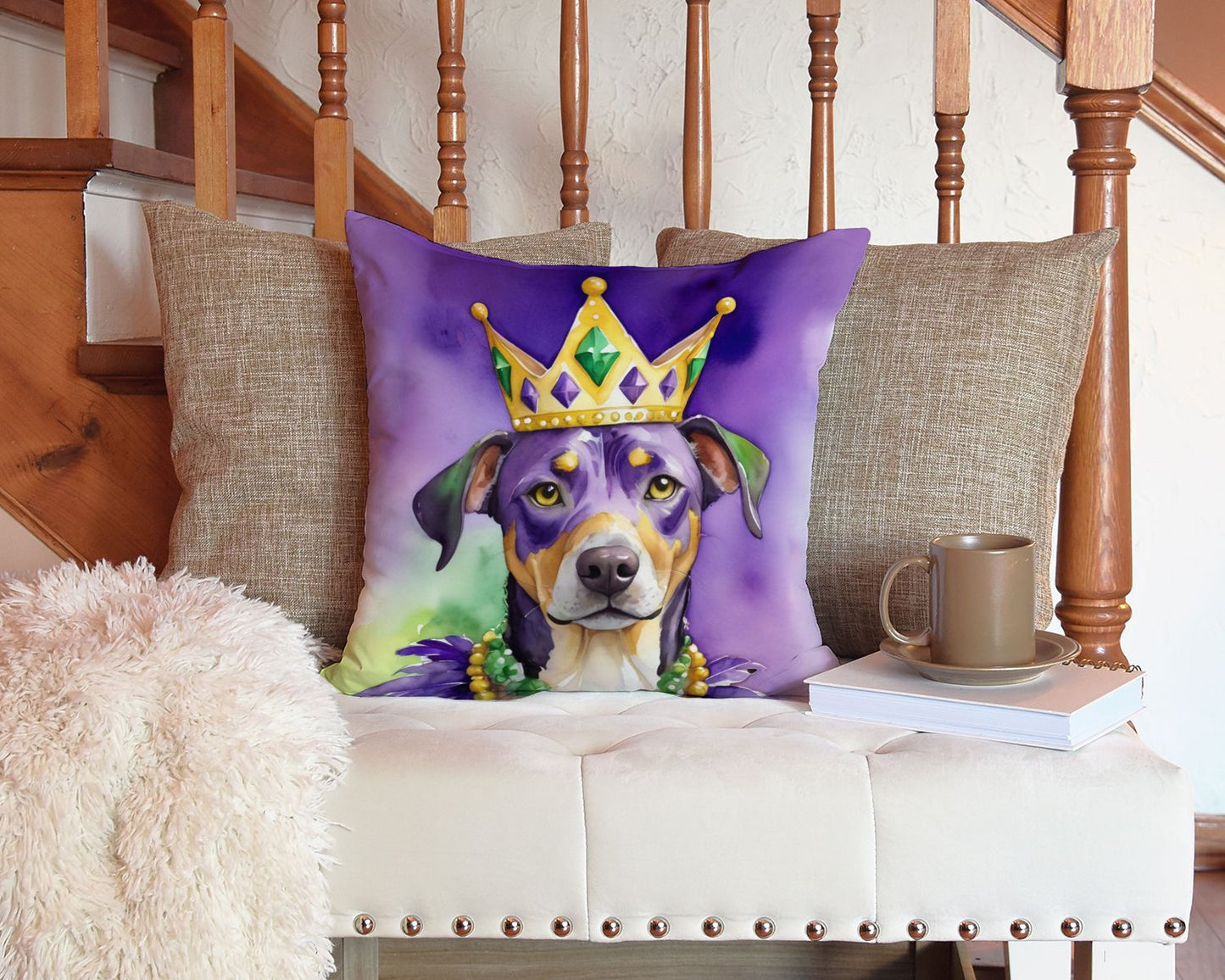 Catahoula King of Mardi Gras Throw Pillow Machine Washable, Indoor Outdoor Decorative Pillow for Couch, Bed or Patio, 14Hx14W