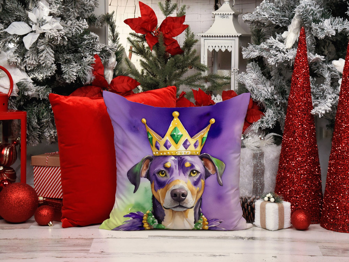 Catahoula King of Mardi Gras Throw Pillow Machine Washable, Indoor Outdoor Decorative Pillow for Couch, Bed or Patio, 14Hx14W