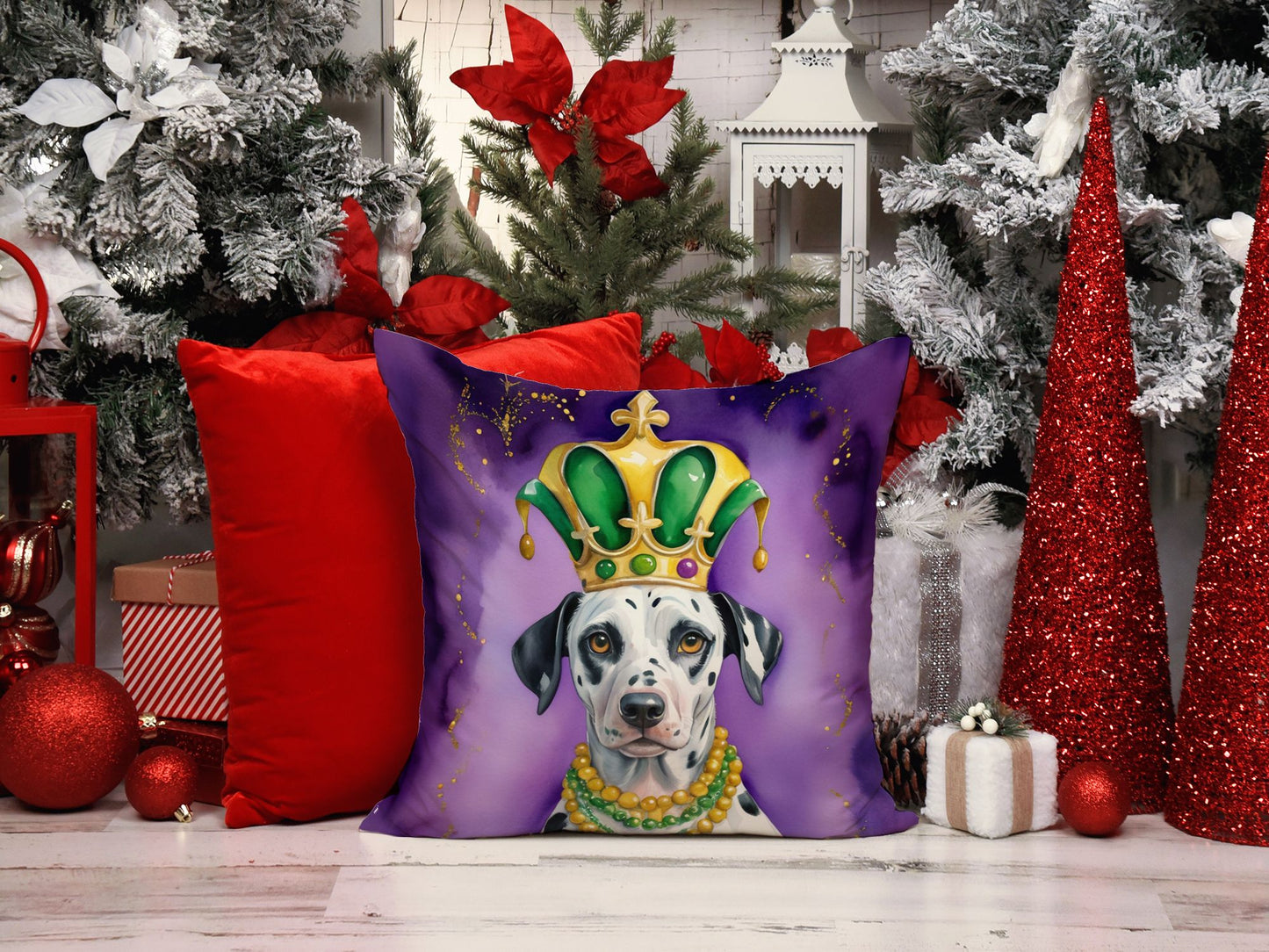 Dalmatian King of Mardi Gras Throw Pillow Machine Washable, Indoor Outdoor Decorative Pillow for Couch, Bed or Patio, 14Hx14W
