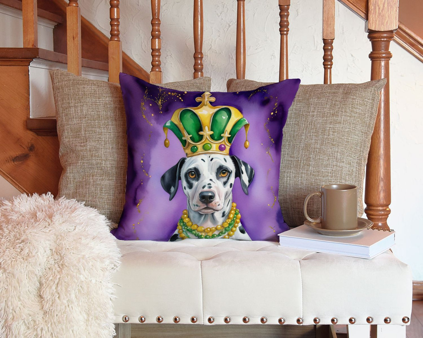 Dalmatian King of Mardi Gras Throw Pillow Machine Washable, Indoor Outdoor Decorative Pillow for Couch, Bed or Patio, 14Hx14W