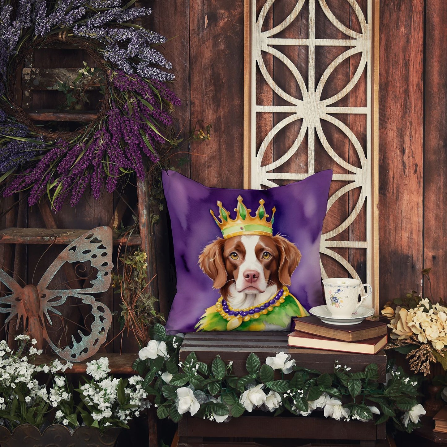 Brittany Spaniel King of Mardi Gras Throw Pillow Machine Washable, Indoor Outdoor Decorative Pillow for Couch, Bed or Patio, 14Hx14W
