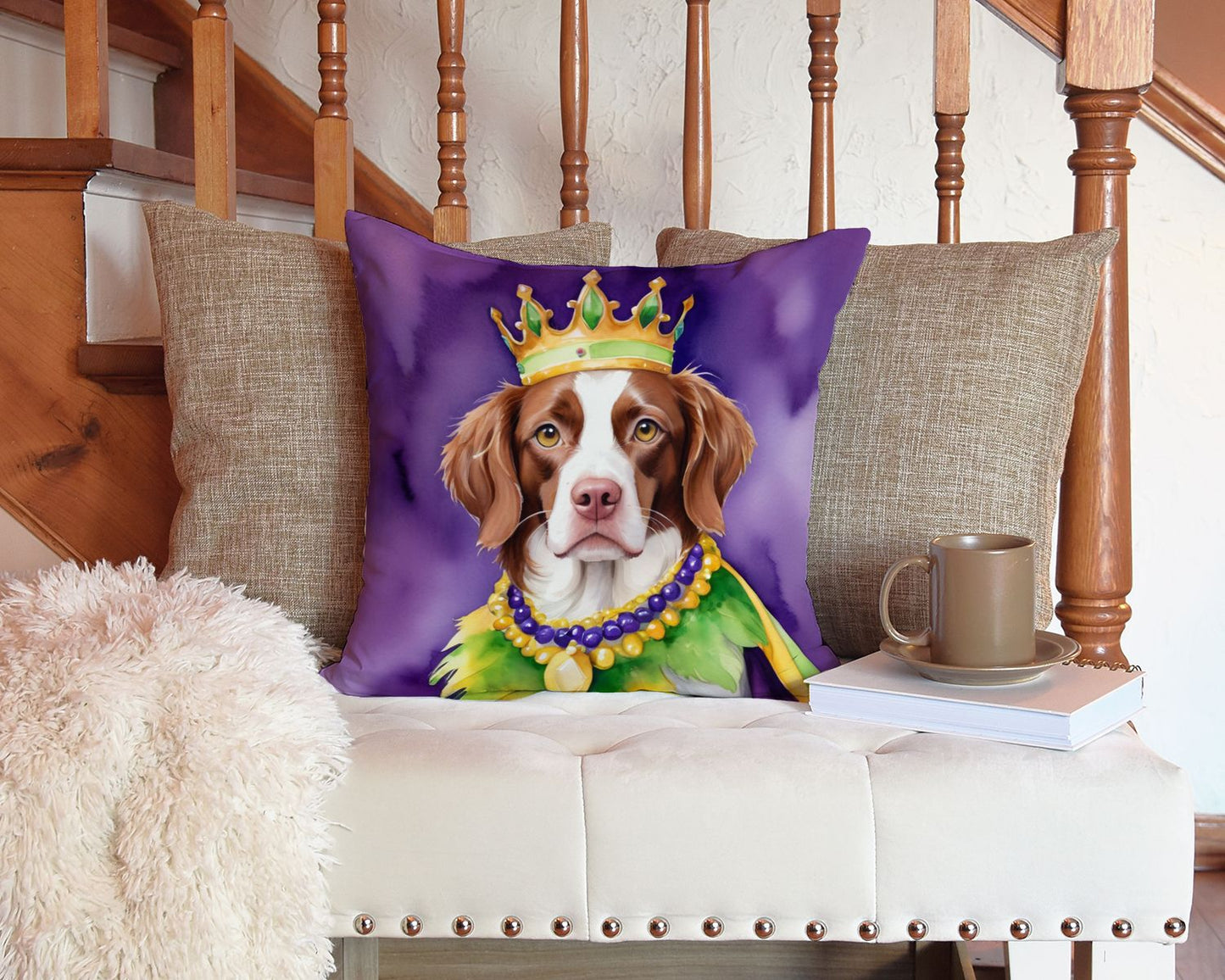Brittany Spaniel King of Mardi Gras Throw Pillow Machine Washable, Indoor Outdoor Decorative Pillow for Couch, Bed or Patio, 14Hx14W