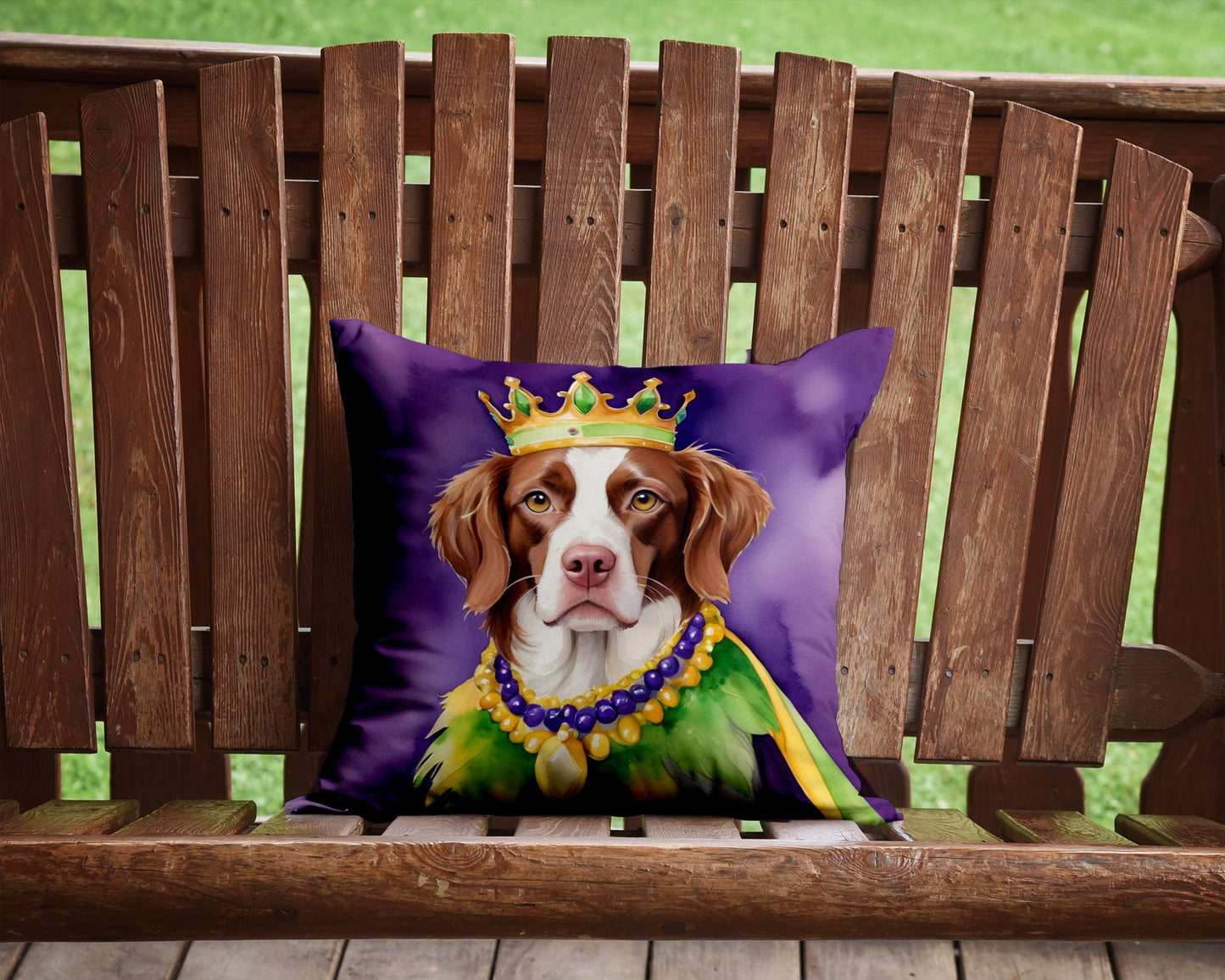 Brittany Spaniel King of Mardi Gras Throw Pillow Machine Washable, Indoor Outdoor Decorative Pillow for Couch, Bed or Patio, 14Hx14W