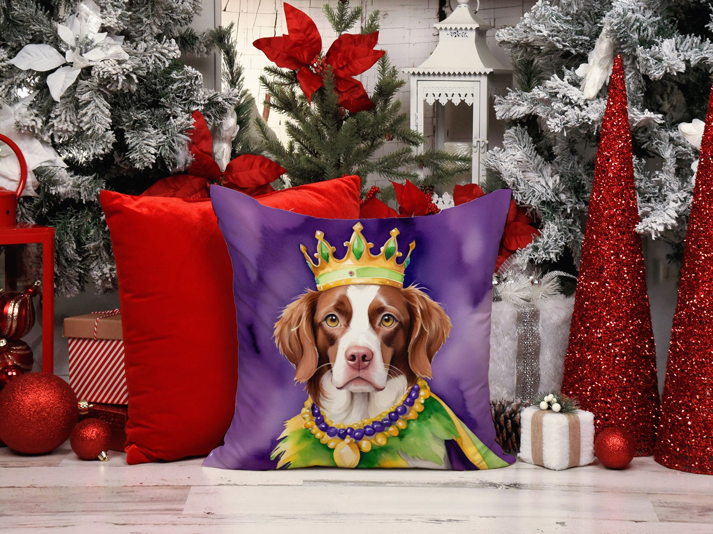 Brittany Spaniel King of Mardi Gras Throw Pillow Machine Washable, Indoor Outdoor Decorative Pillow for Couch, Bed or Patio, 14Hx14W