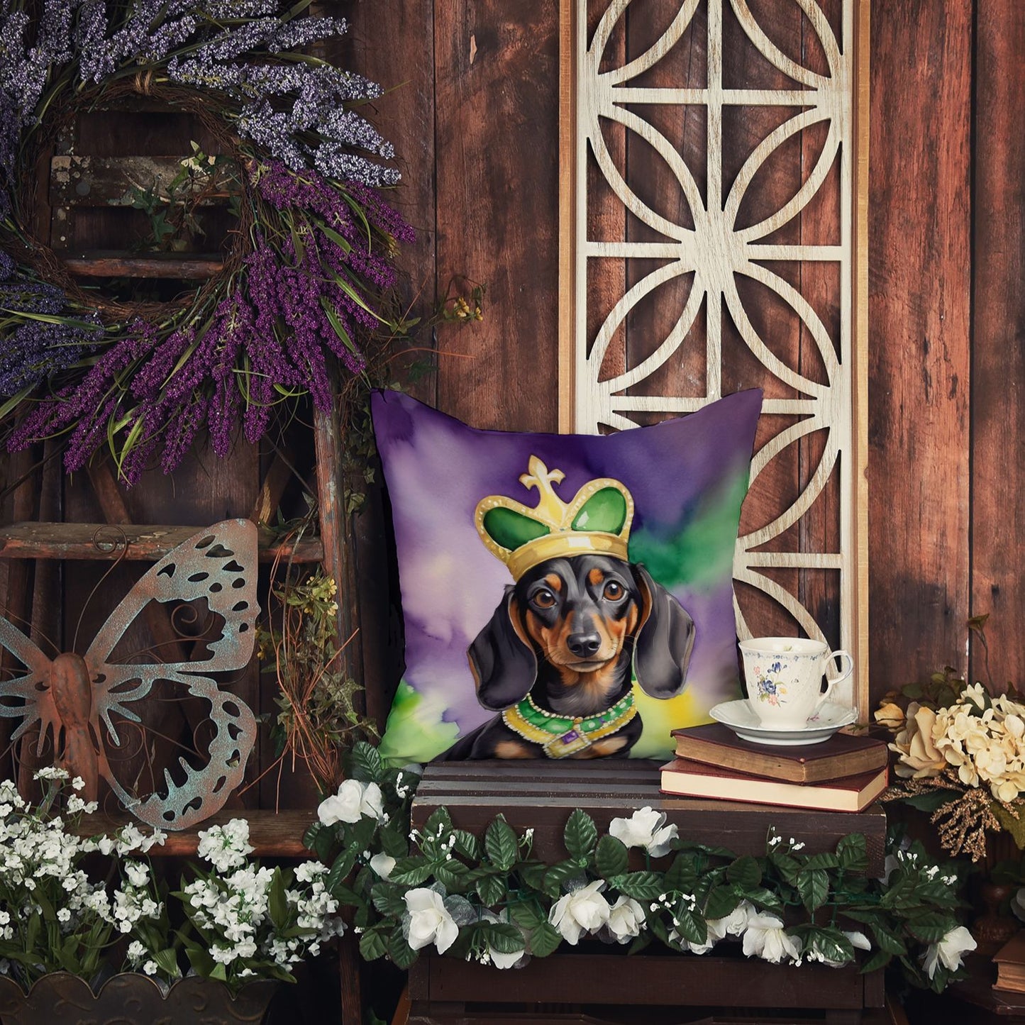 Dachshund King of Mardi Gras Throw Pillow Machine Washable, Indoor Outdoor Decorative Pillow for Couch, Bed or Patio, 14Hx14W