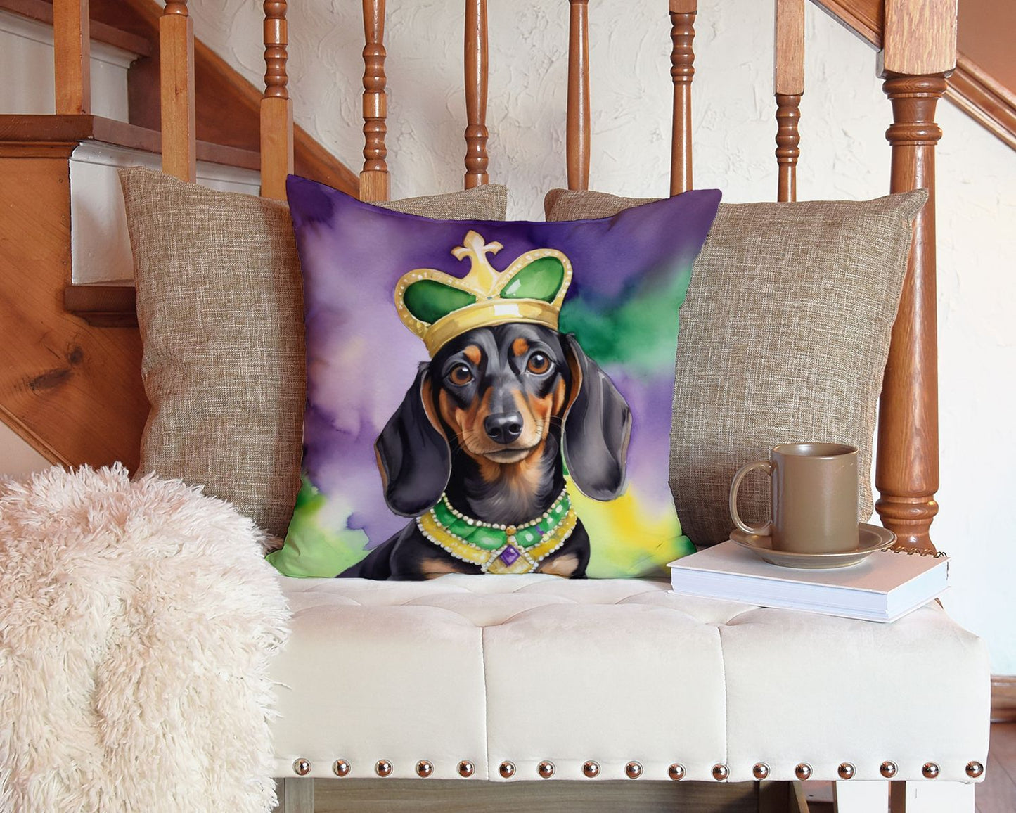 Dachshund King of Mardi Gras Throw Pillow Machine Washable, Indoor Outdoor Decorative Pillow for Couch, Bed or Patio, 14Hx14W