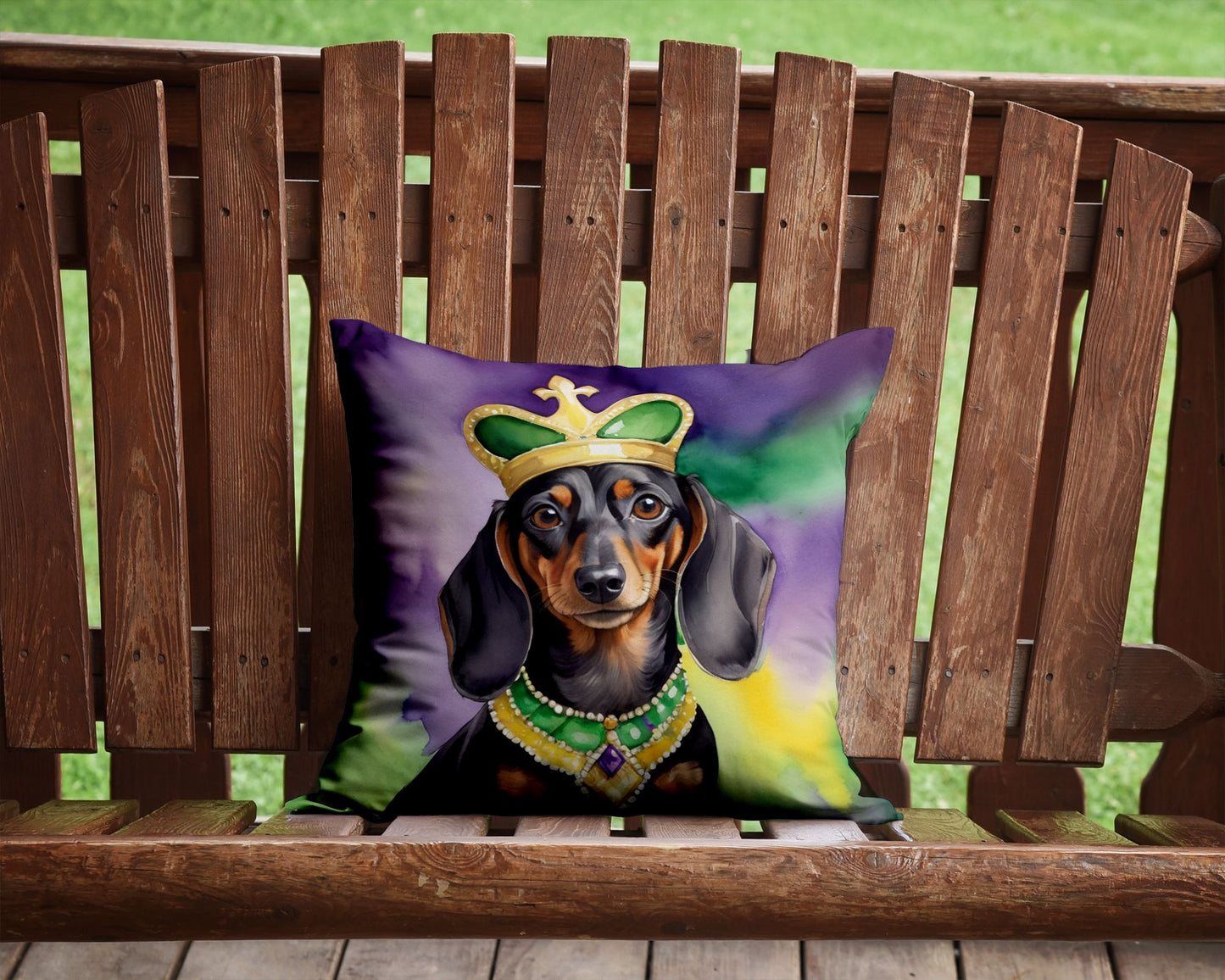Dachshund King of Mardi Gras Throw Pillow Machine Washable, Indoor Outdoor Decorative Pillow for Couch, Bed or Patio, 14Hx14W