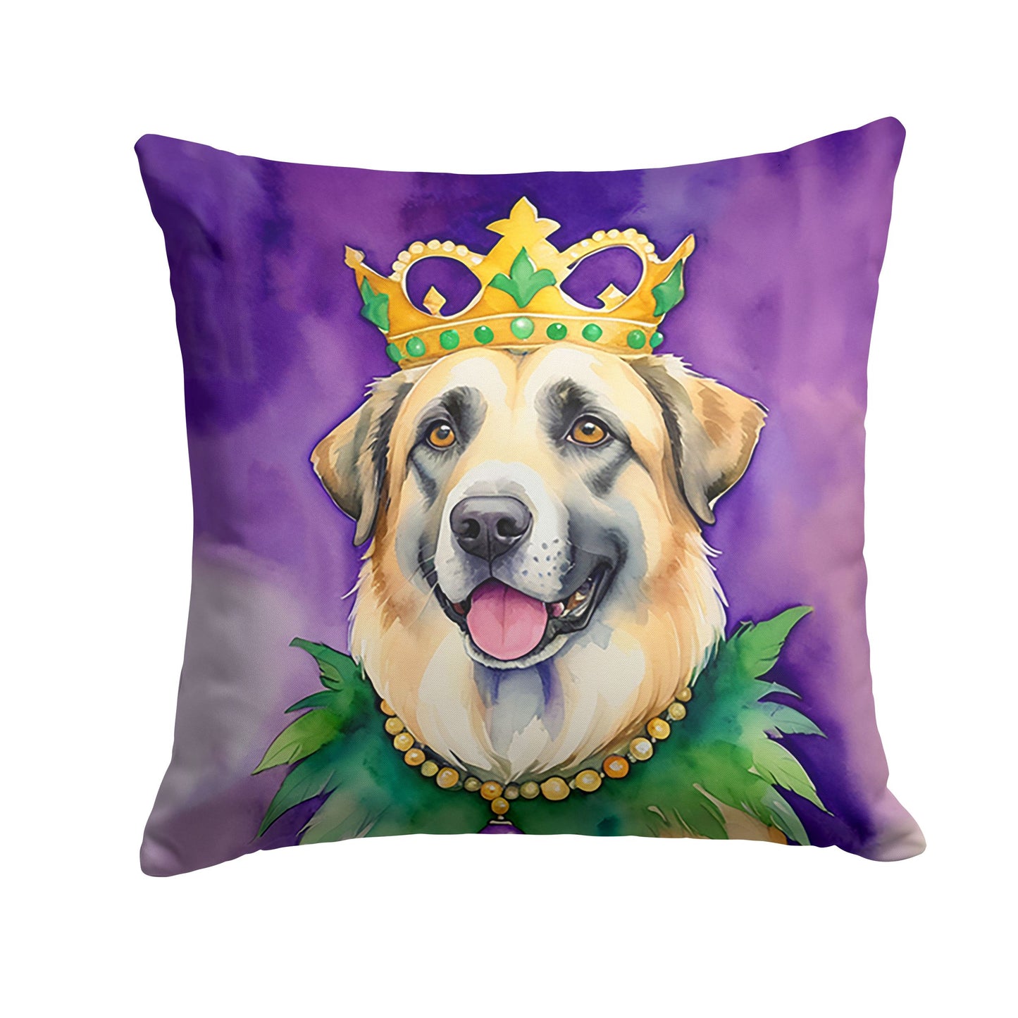 Anatolian Shepherd Dog King of Mardi Gras Throw Pillow Machine Washable, Indoor Outdoor Decorative Pillow for Couch, Bed or Patio, 14Hx14W