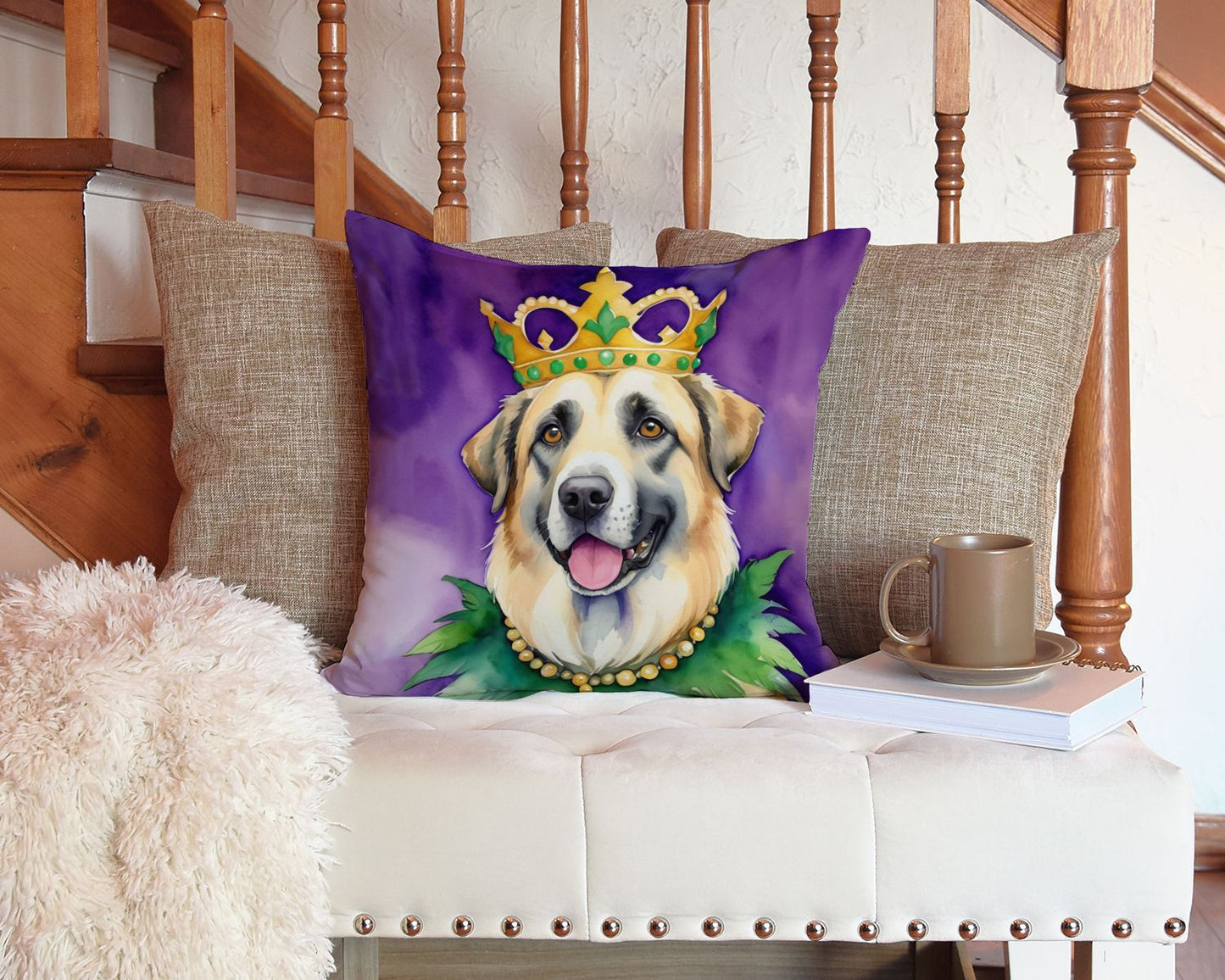 Anatolian Shepherd Dog King of Mardi Gras Throw Pillow Machine Washable, Indoor Outdoor Decorative Pillow for Couch, Bed or Patio, 14Hx14W