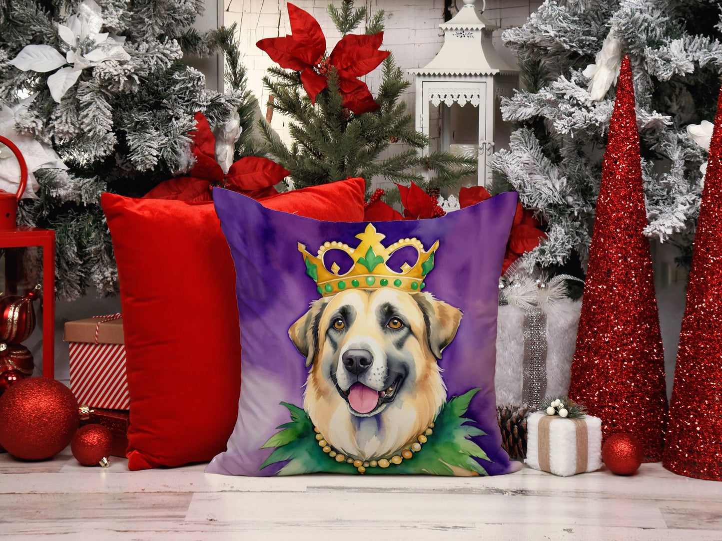 Anatolian Shepherd Dog King of Mardi Gras Throw Pillow Machine Washable, Indoor Outdoor Decorative Pillow for Couch, Bed or Patio, 14Hx14W