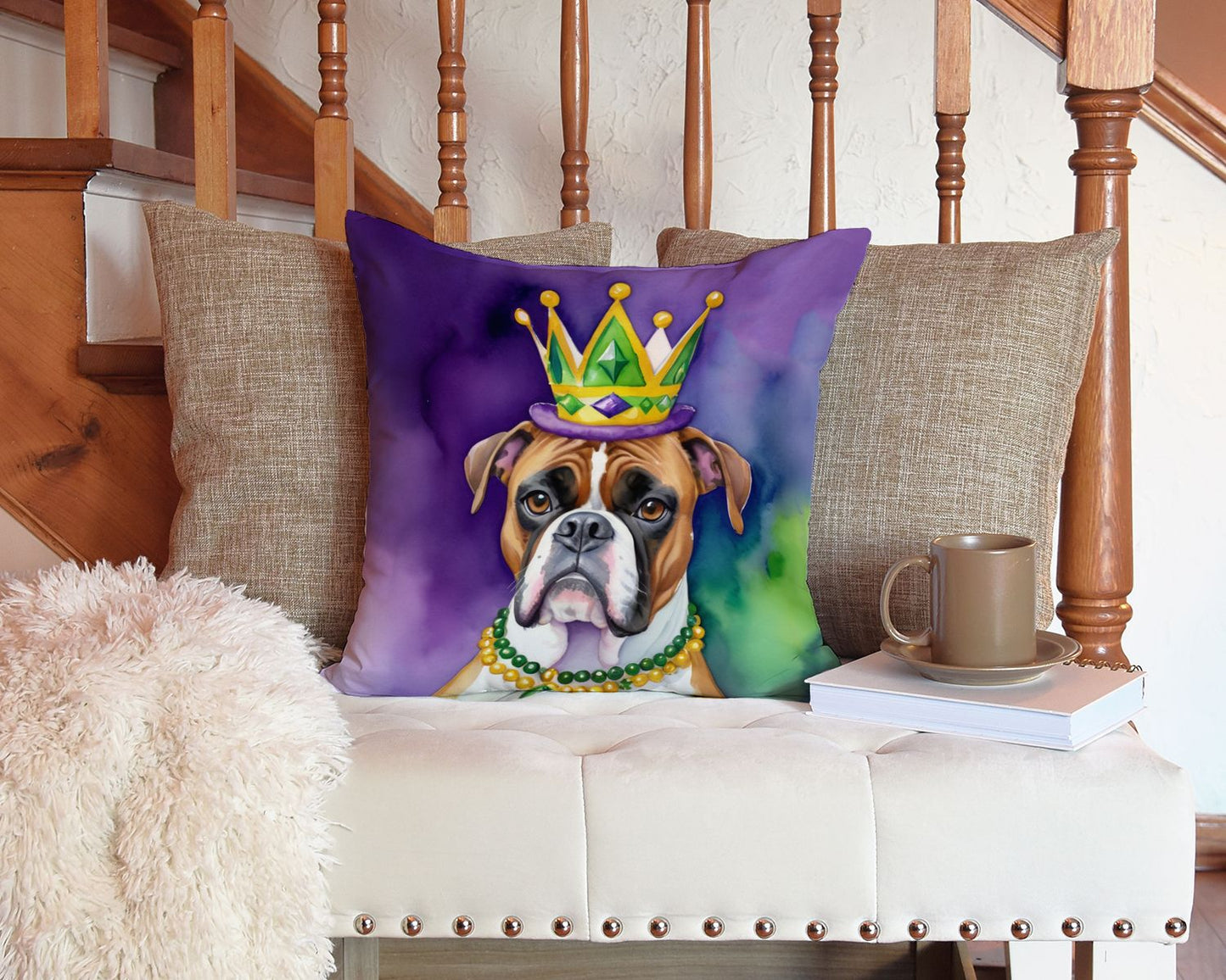 Boxer King of Mardi Gras Throw Pillow Machine Washable, Indoor Outdoor Decorative Pillow for Couch, Bed or Patio, 14Hx14W